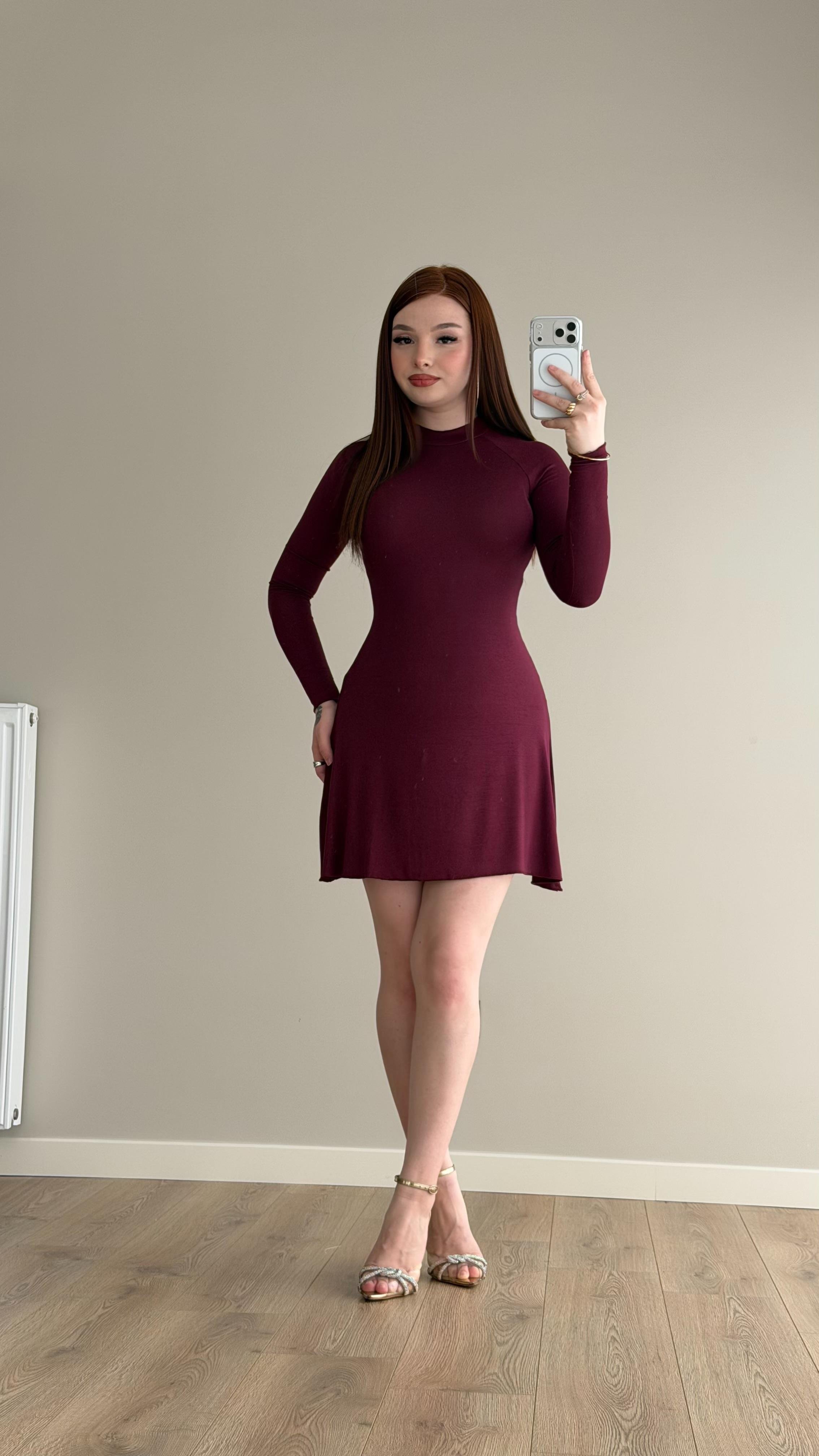 Modal Kumaş A Kesim Mini Elbise Mürdüm