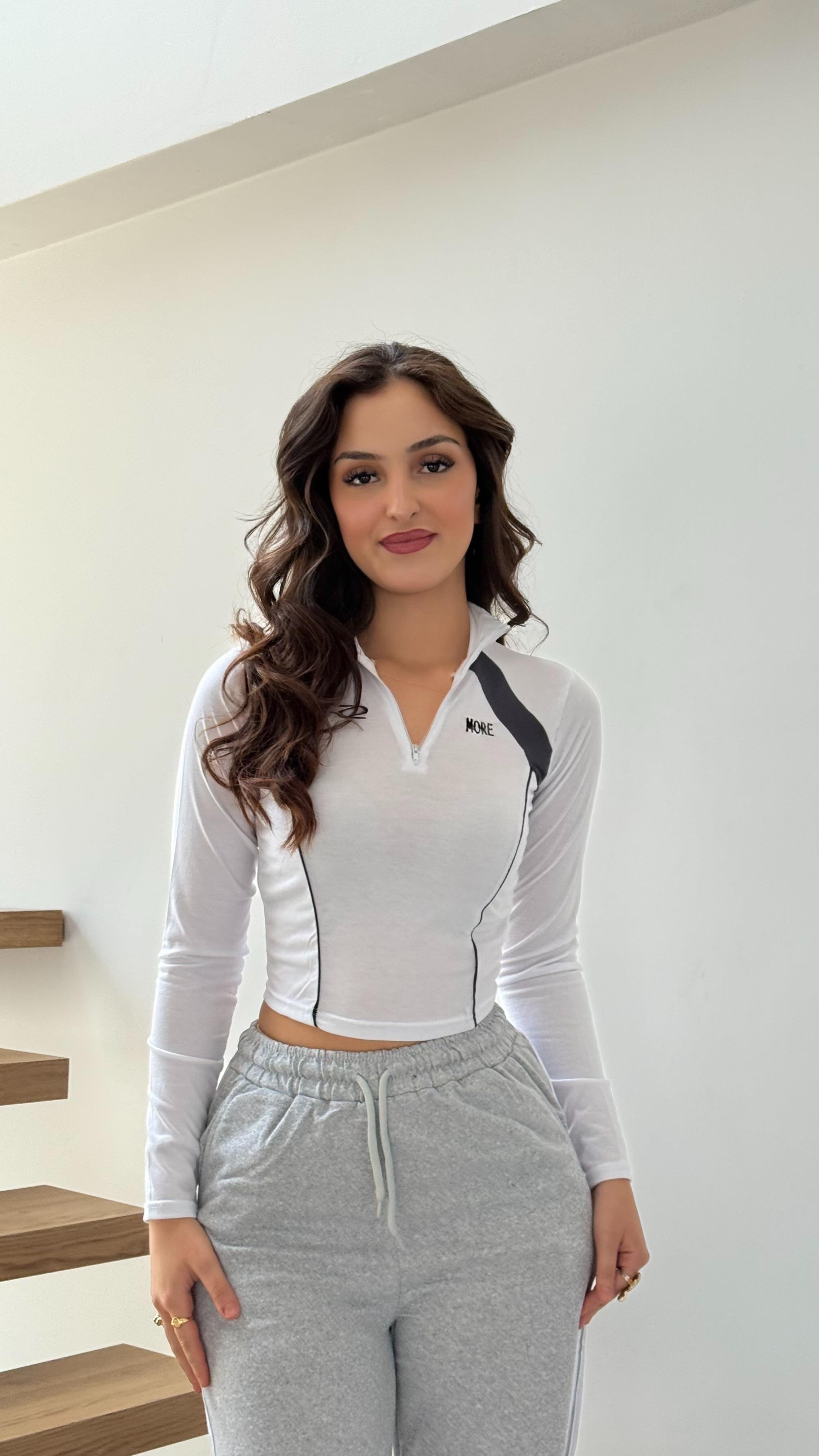 More Fermuarlı Crop Beyaz 