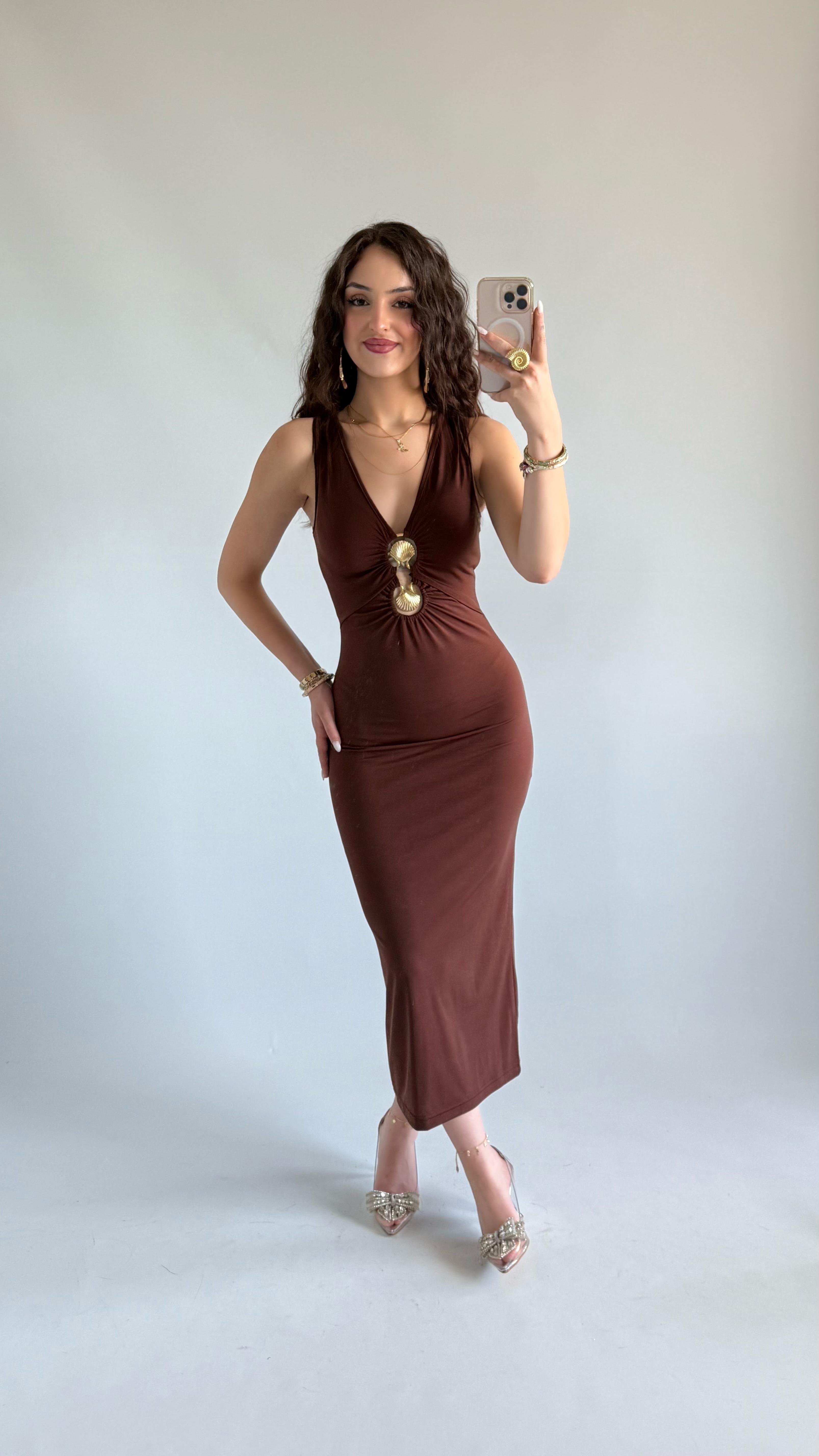 Morgan Deniz Kabuğu Tokalı Elbise Kiremit 