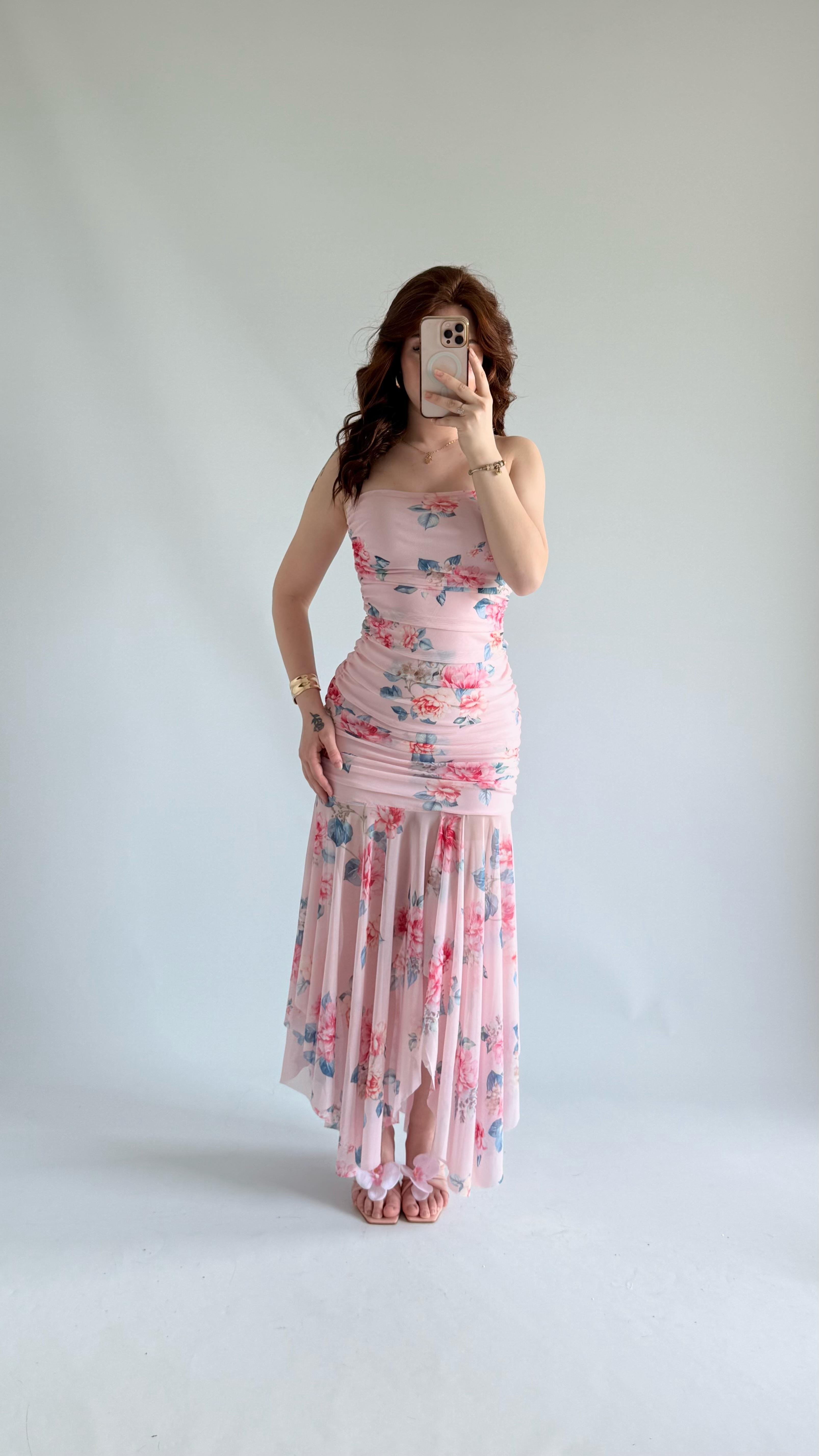 Morning Tüllü Çiçekli Elbise Pembe