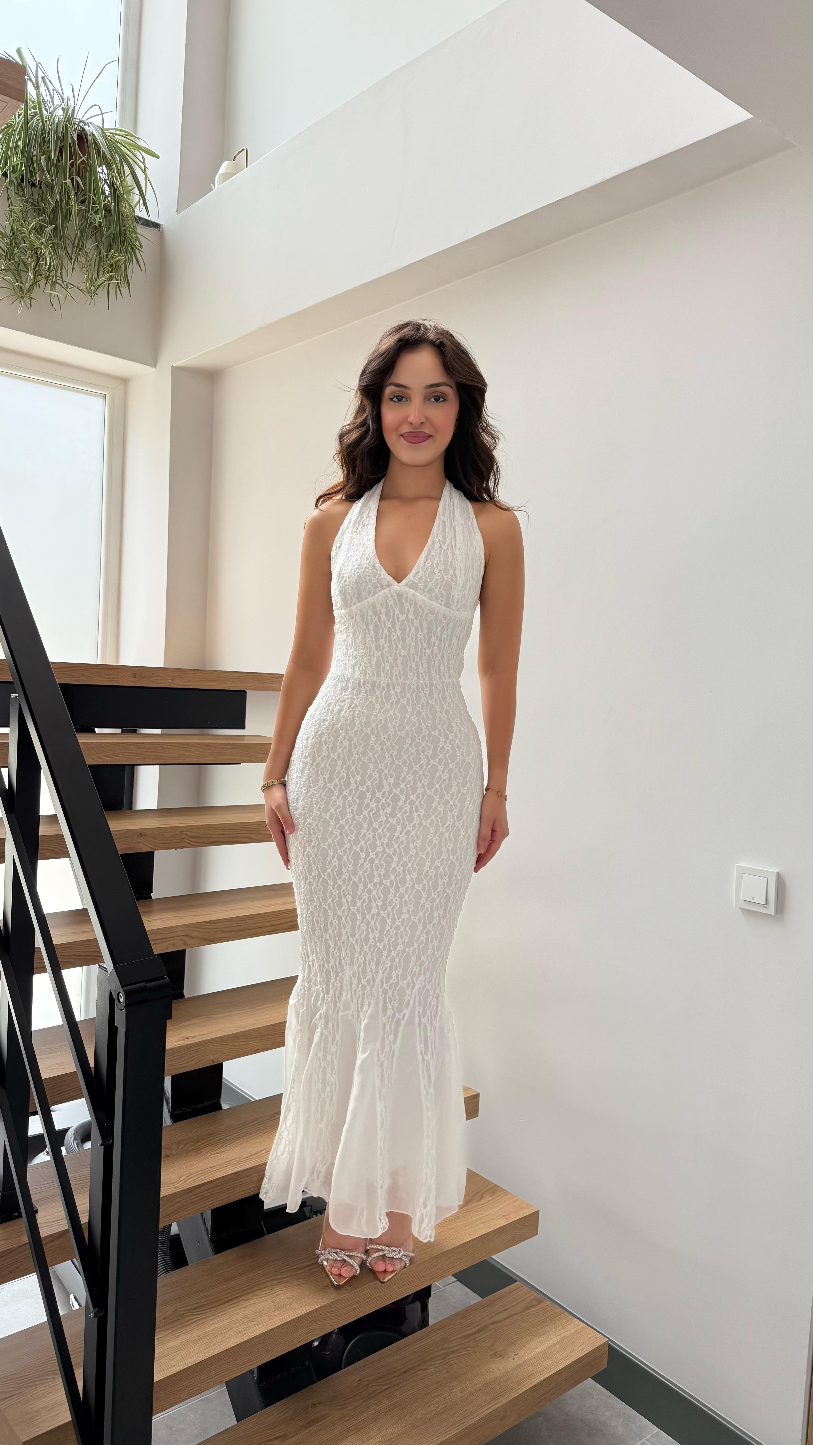 Moser Boyun Geçirmeli Dantel Elbise Beyaz