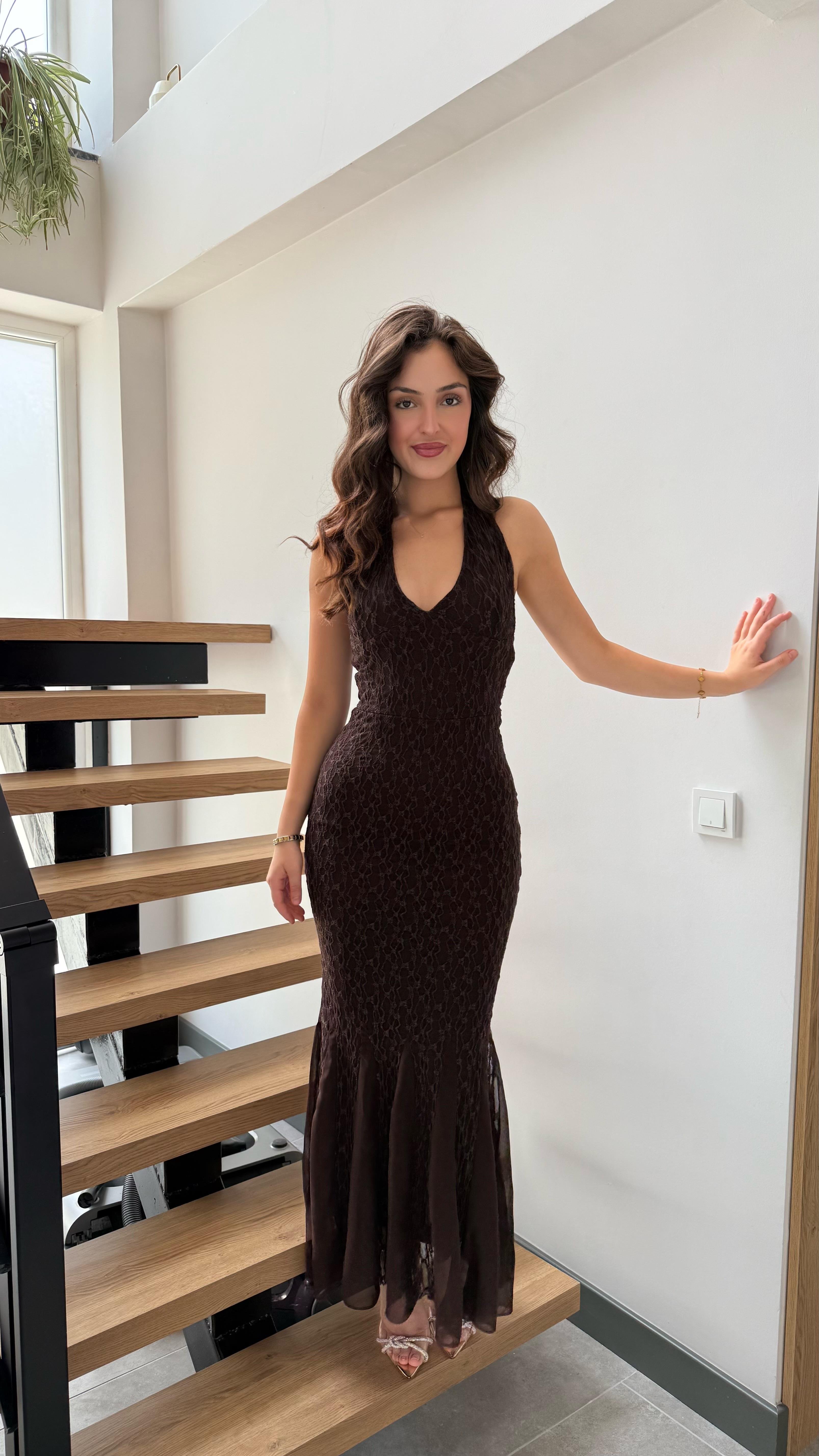 Moser Boyun Geçirmeli Dantel Elbise Kahverengi