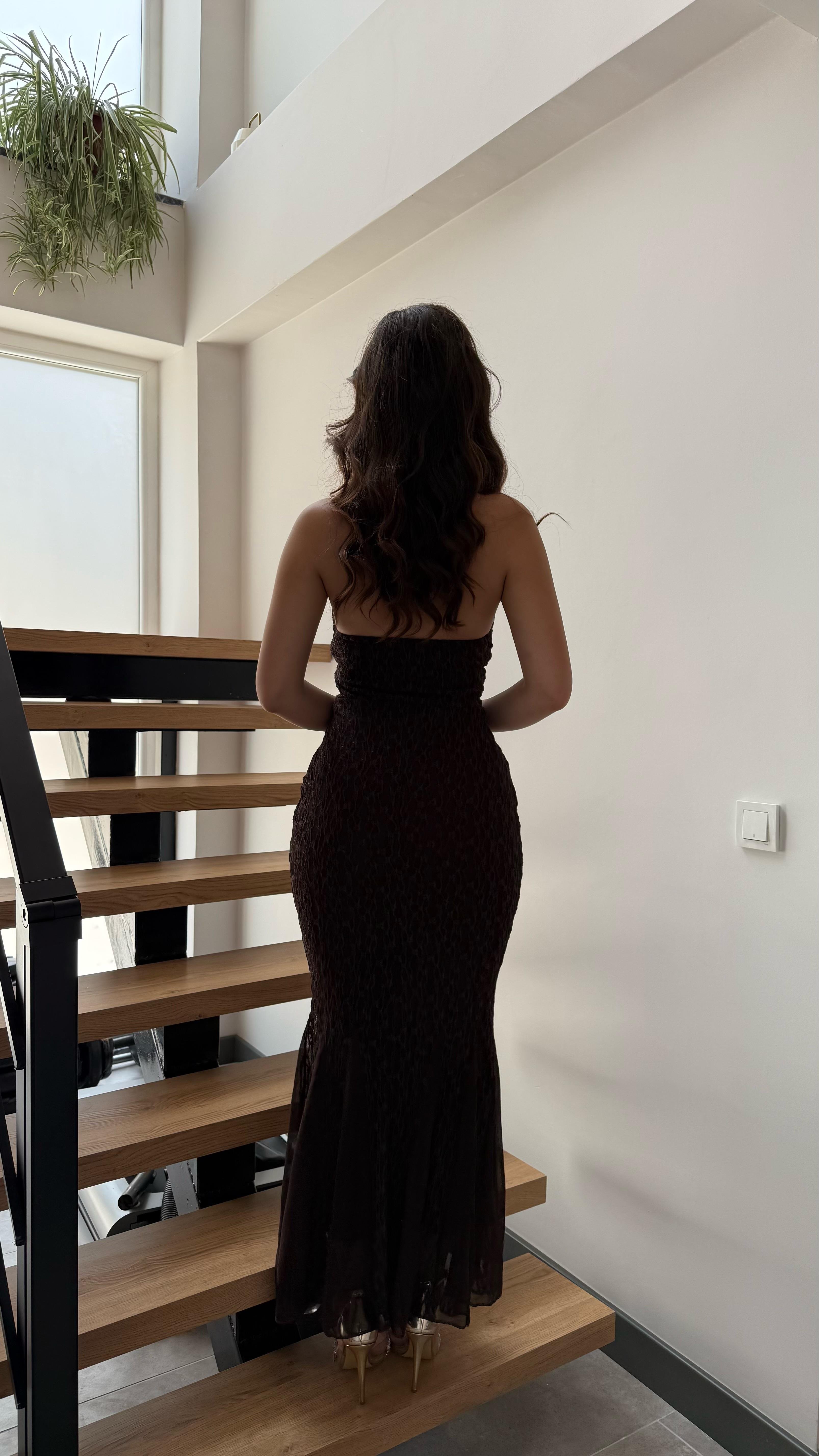 Moser Boyun Geçirmeli Dantel Elbise Siyah