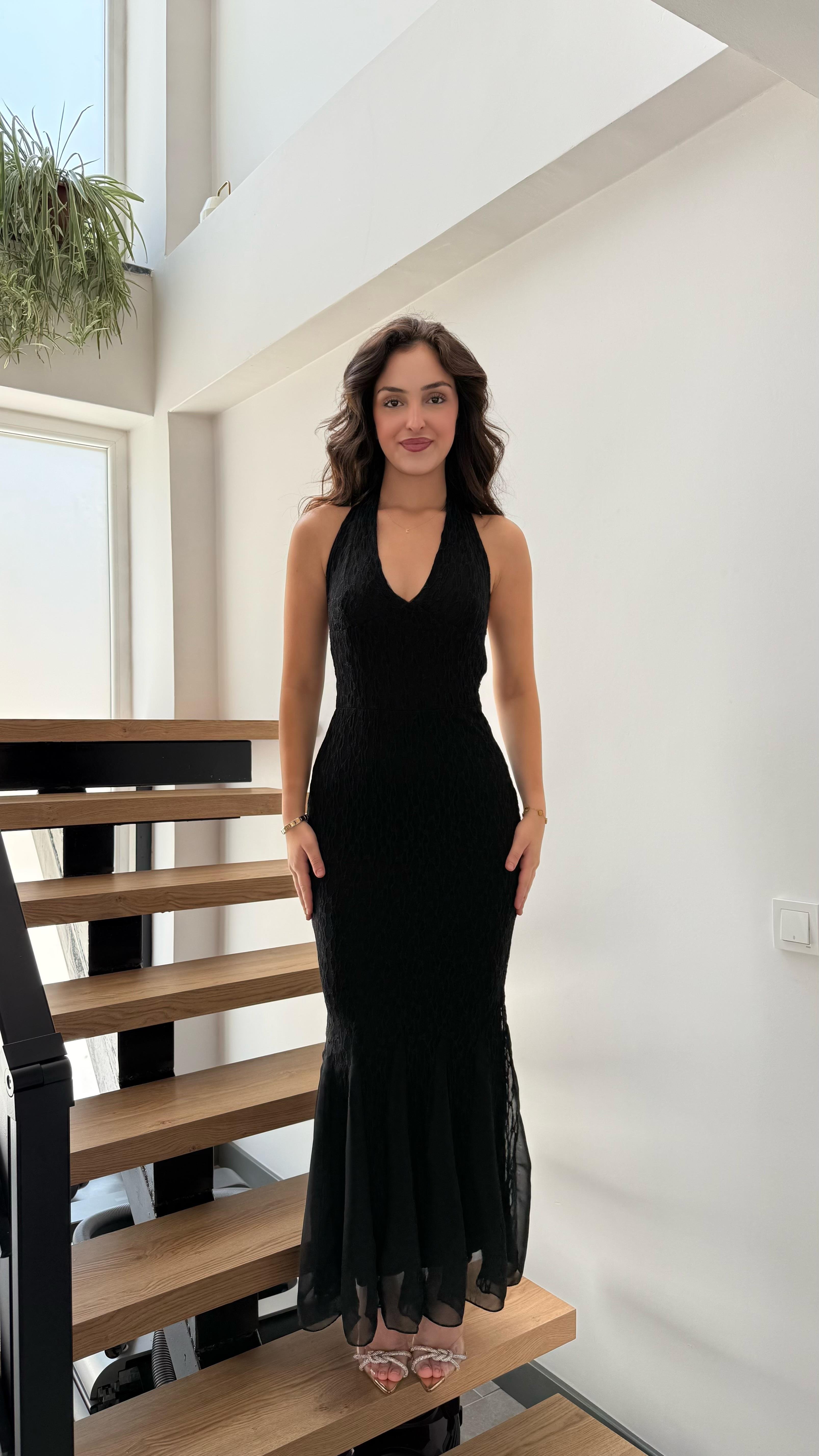 Moser Boyun Geçirmeli Dantel Elbise Siyah