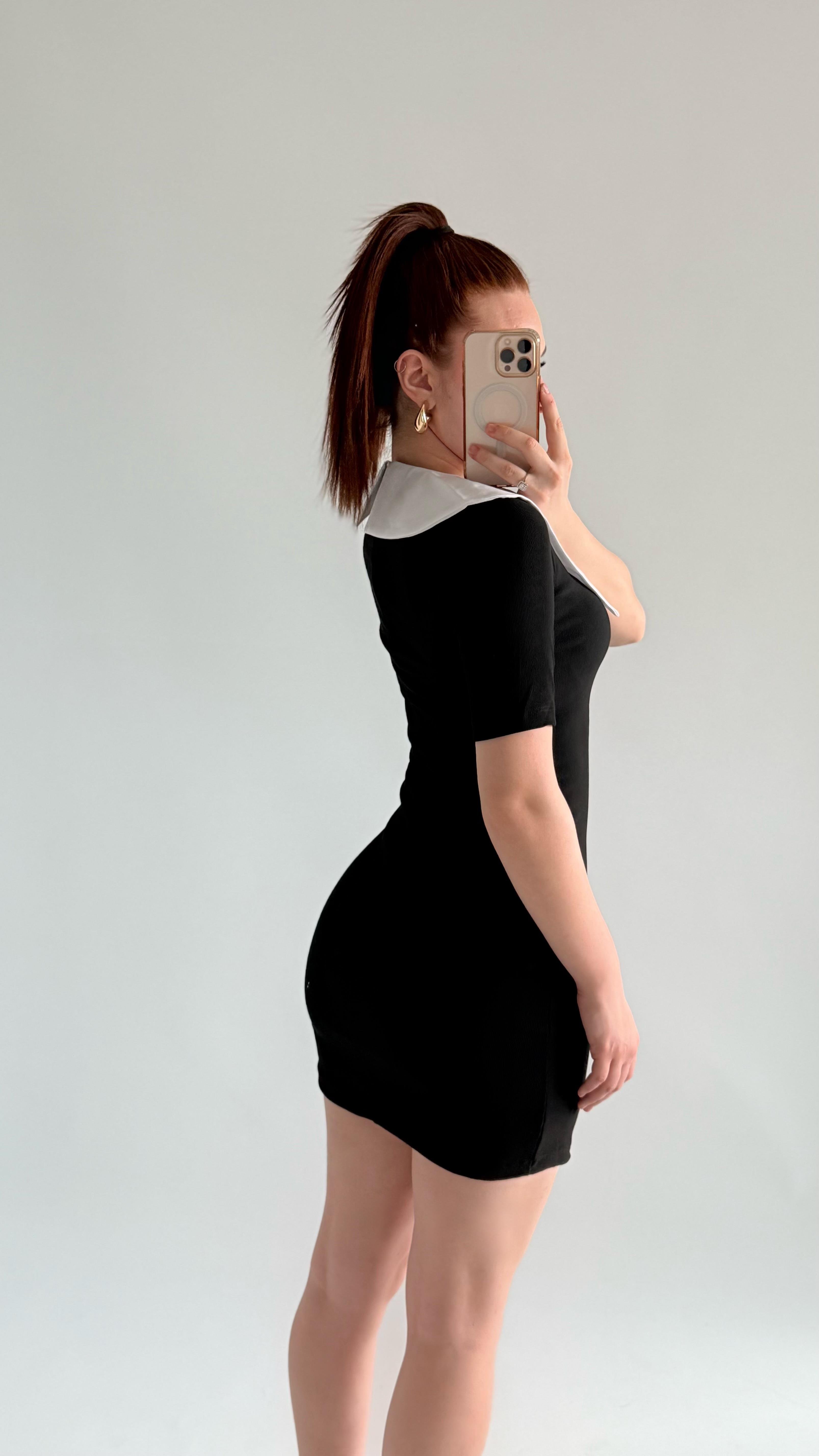 Nora Beyaz Yaka Elbise Siyah