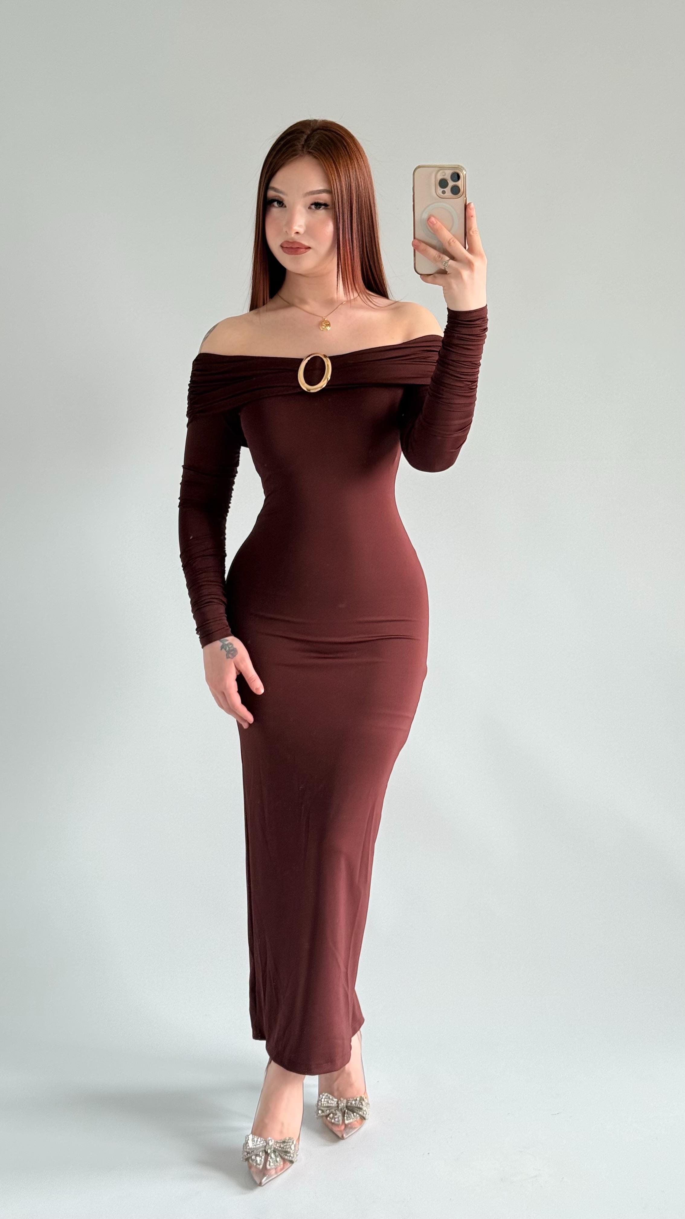 Olimpus Maxi Elbise Kahverengi