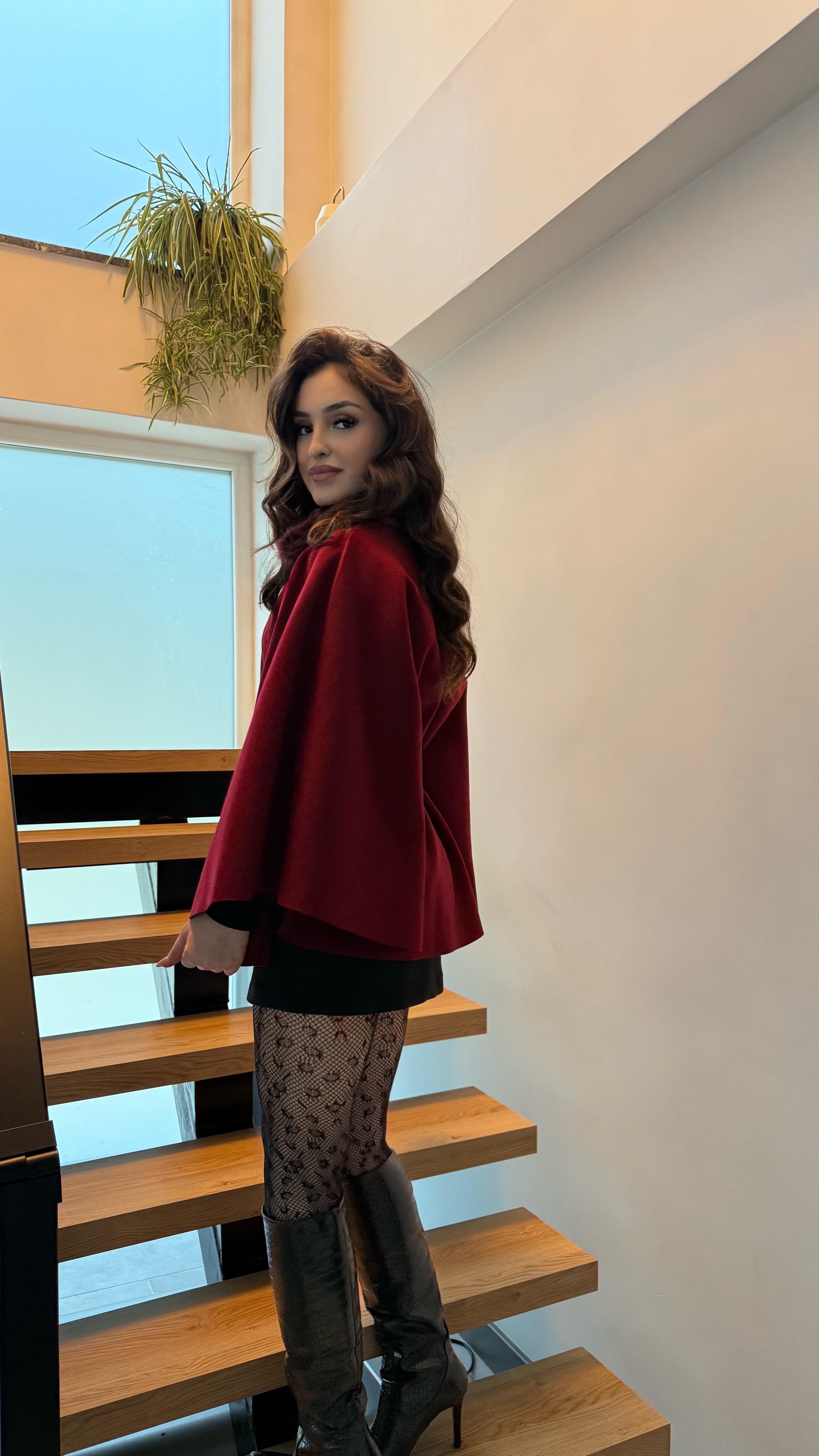 Önden Düğmeli Kürk Yaka Panço Bordo