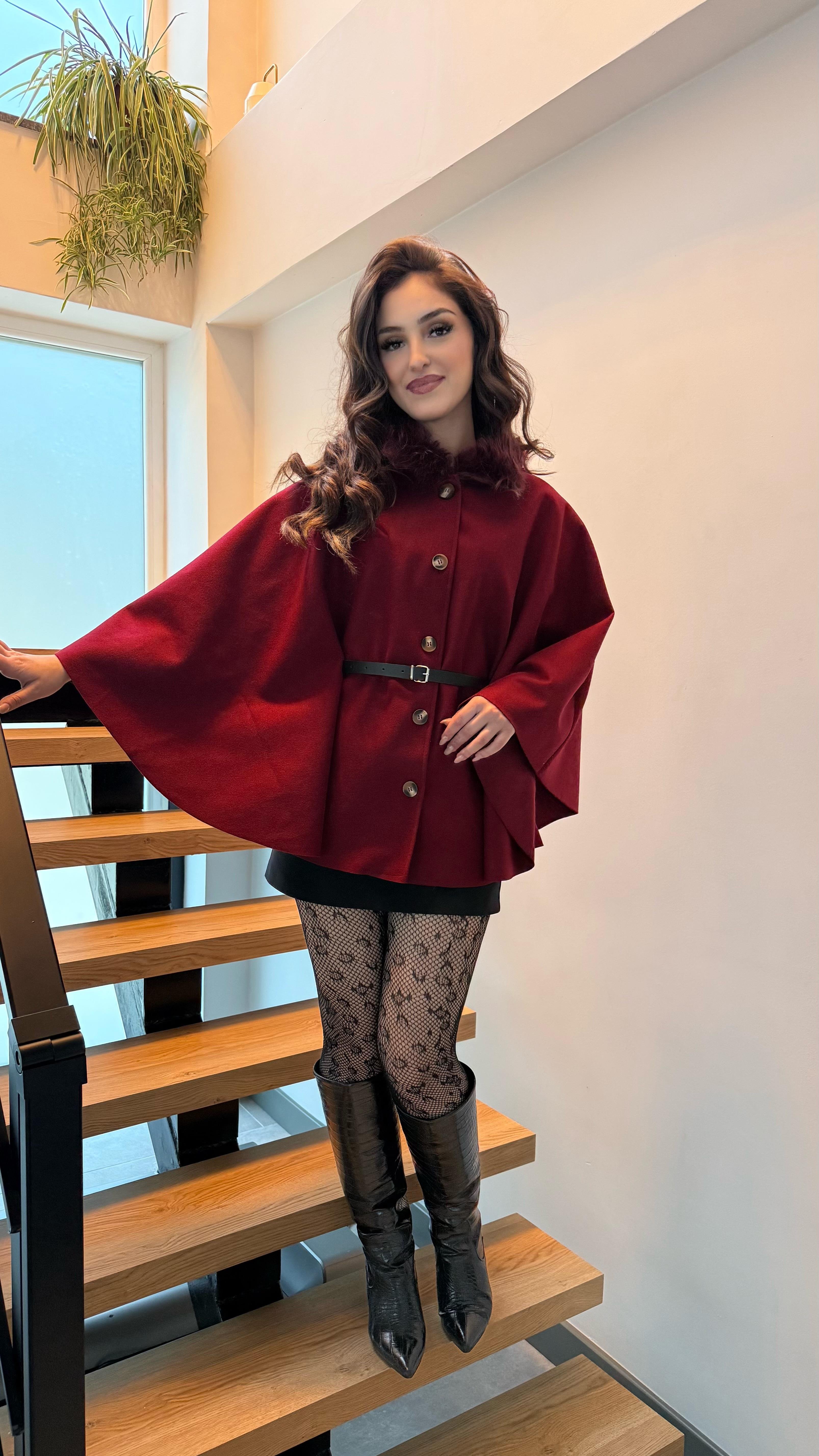 Önden Düğmeli Kürk Yaka Panço Bordo
