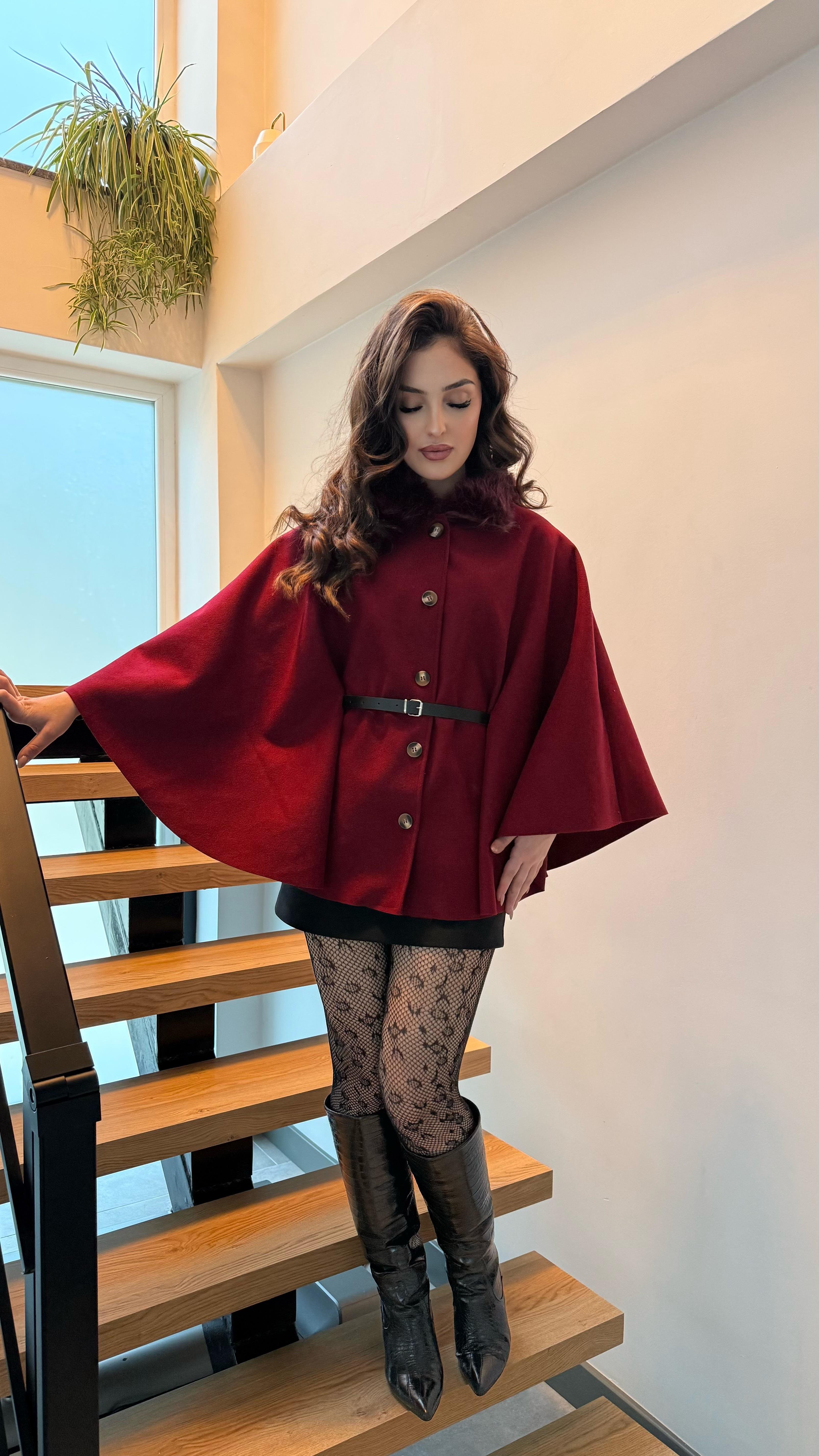Önden Düğmeli Kürk Yaka Panço Bordo