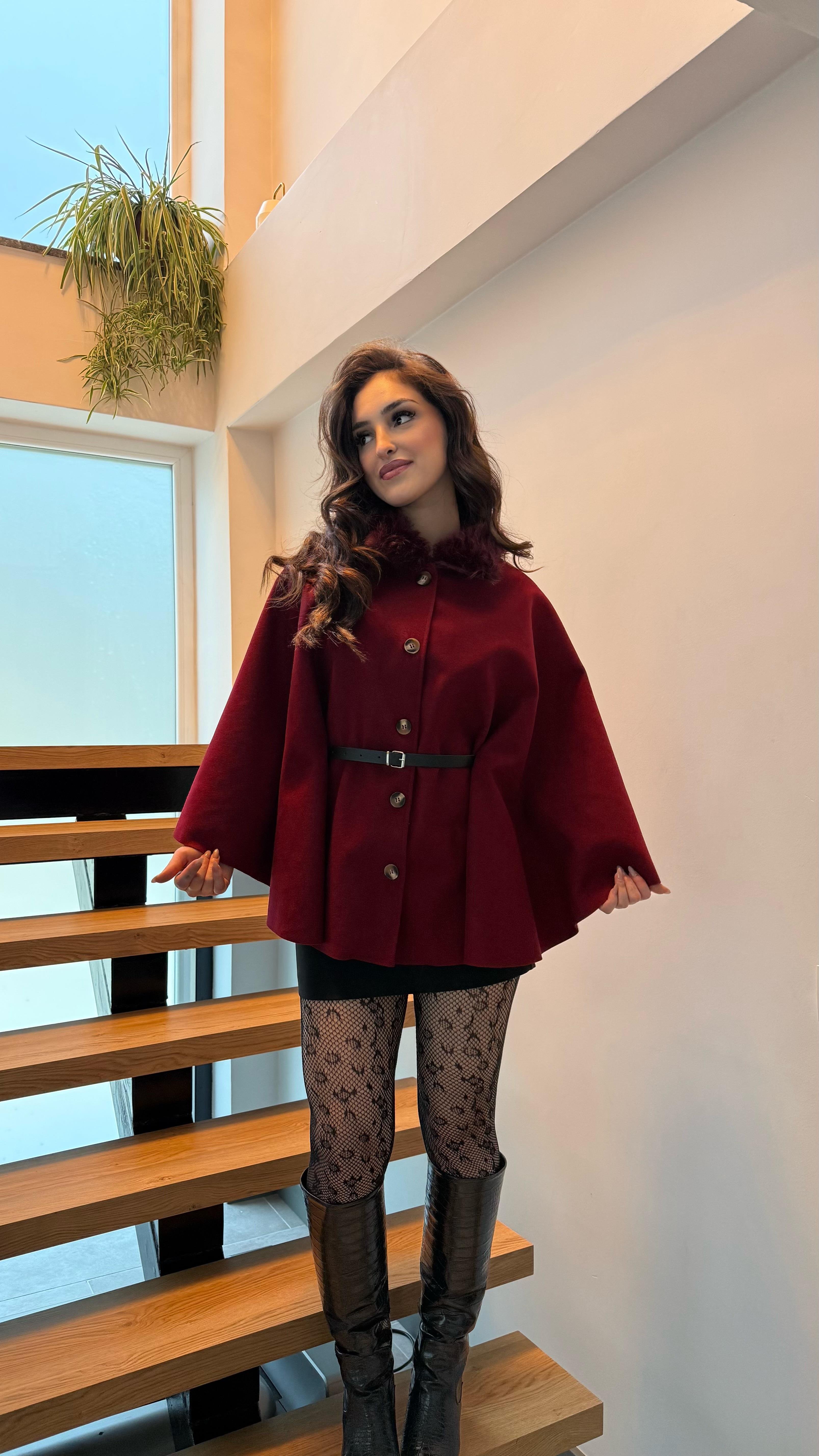 Önden Düğmeli Kürk Yaka Panço Bordo