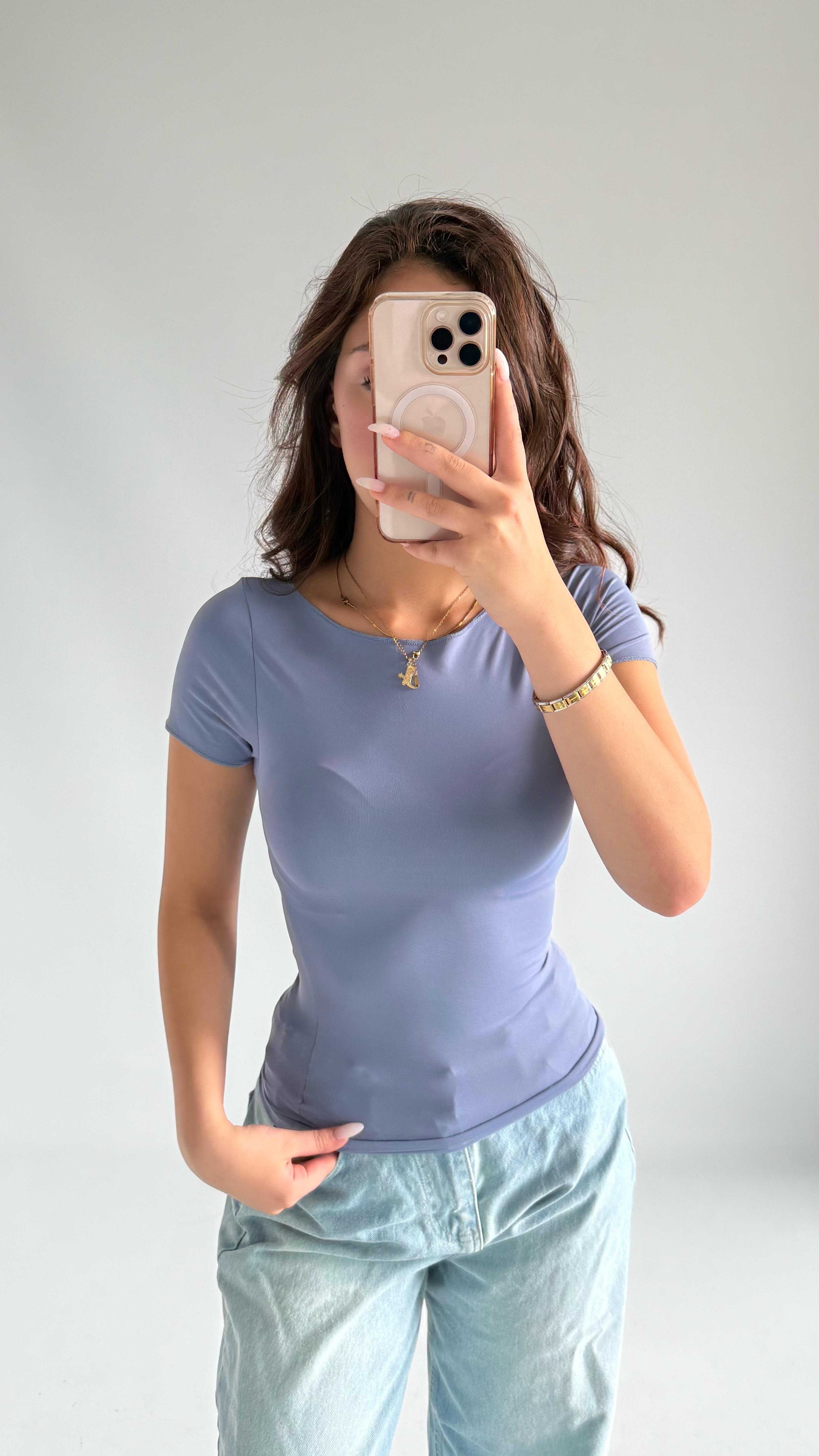 Oval Yaka Vücuda Oturan Tişört İndigo