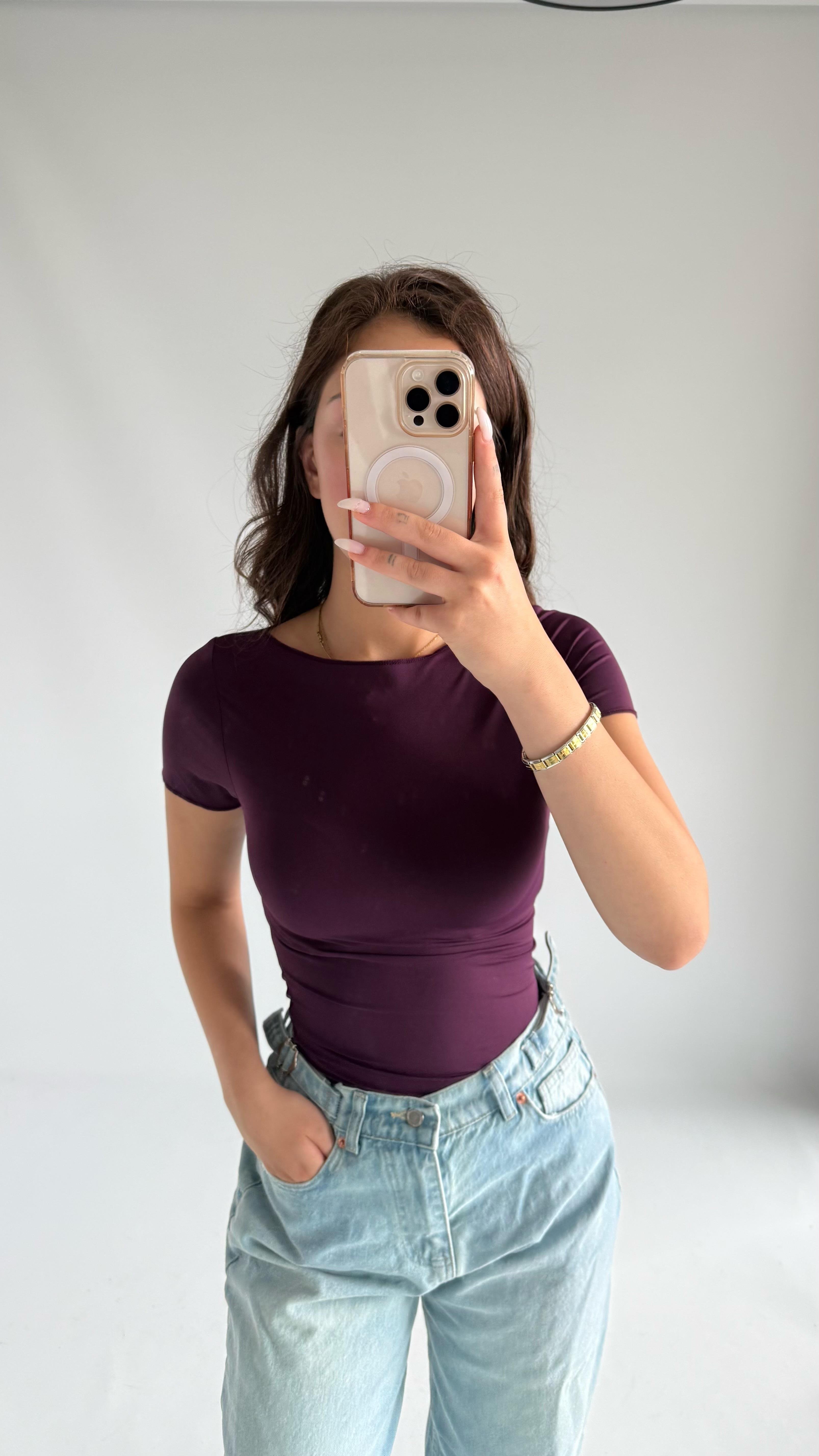 Oval Yaka Vücuda Oturan Tişört Mor