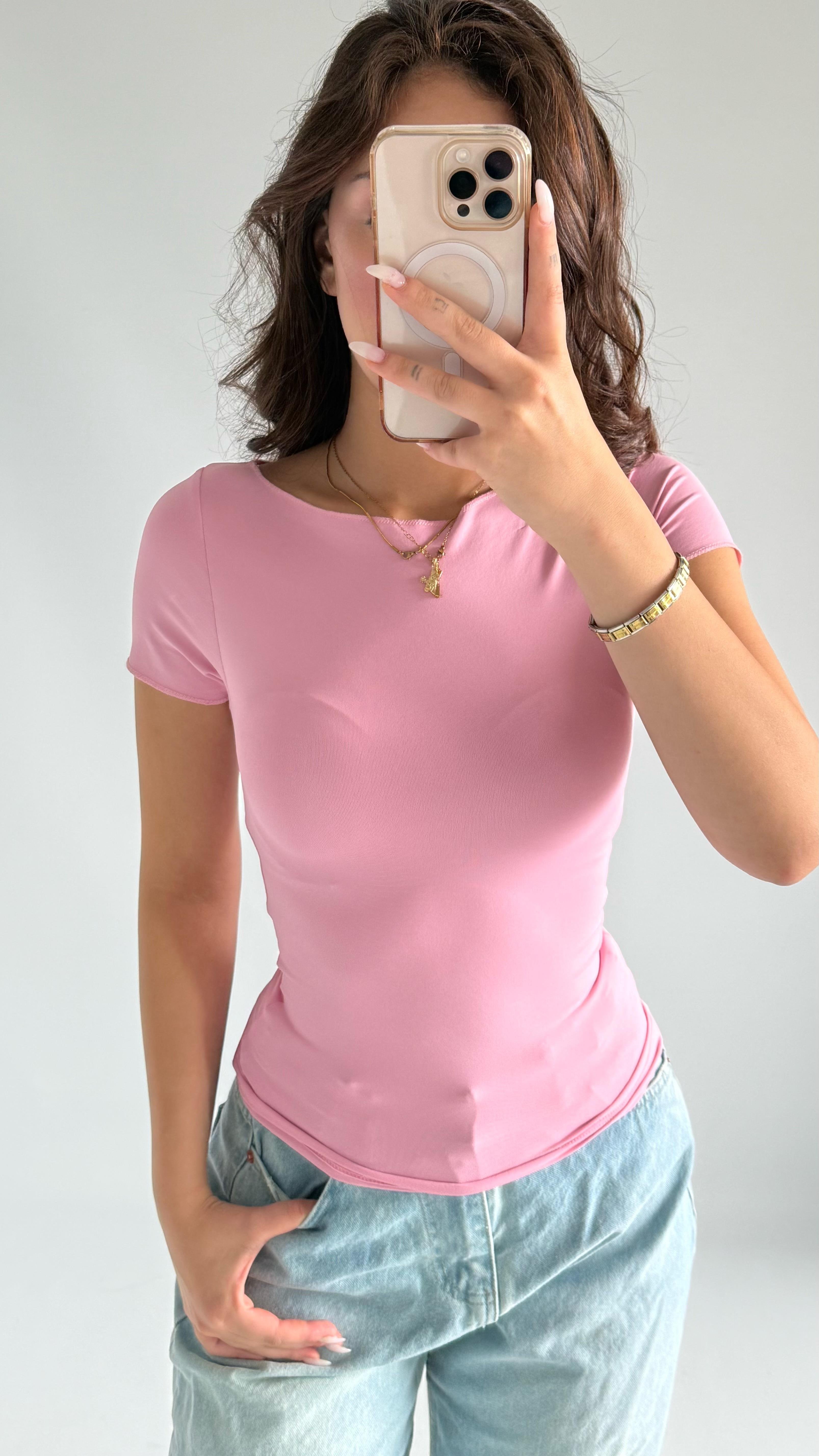 Oval Yaka Vücuda Oturan Tişört Pudra Pembe