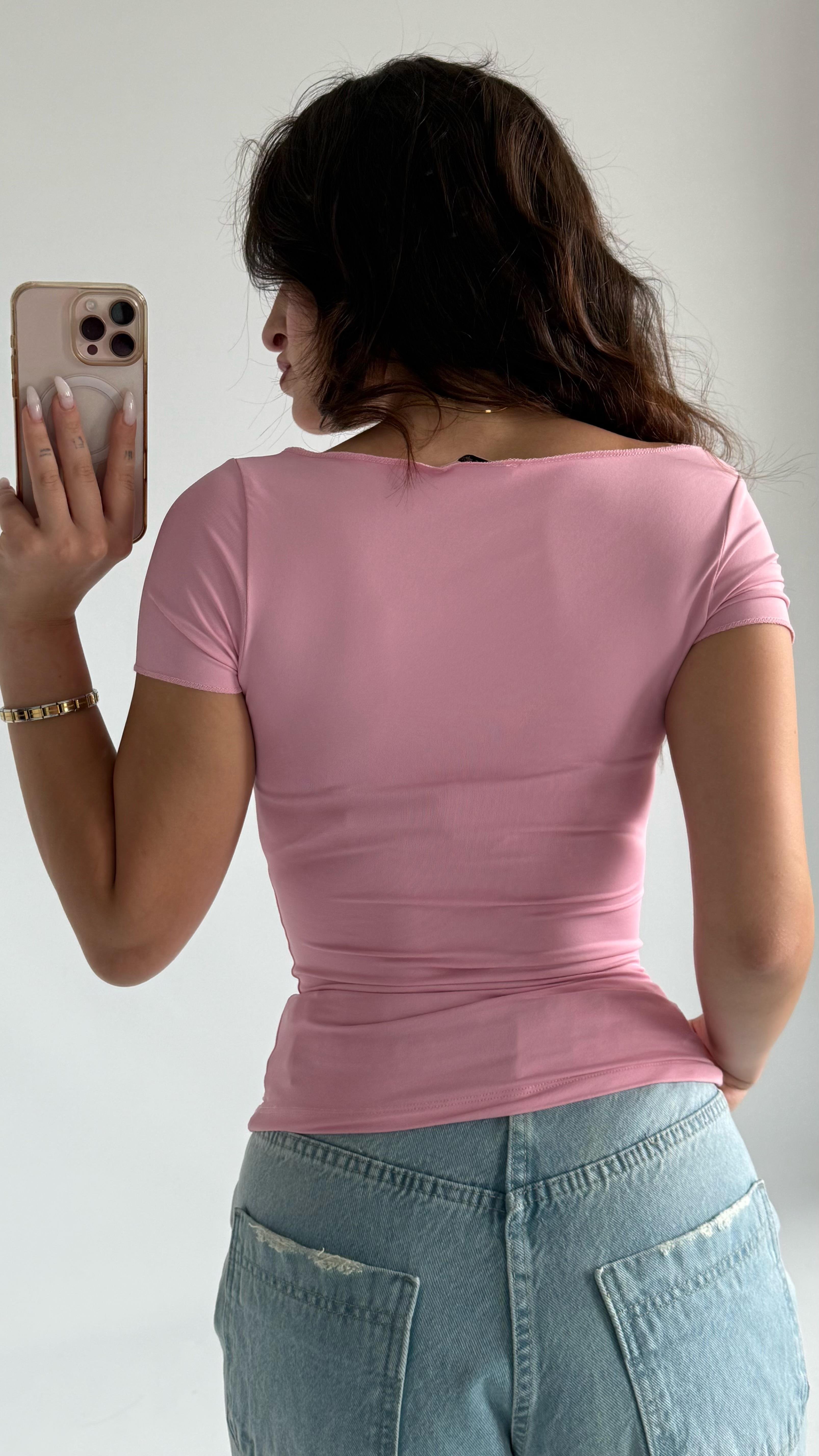 Oval Yaka Vücuda Oturan Tişört Pudra Pembe