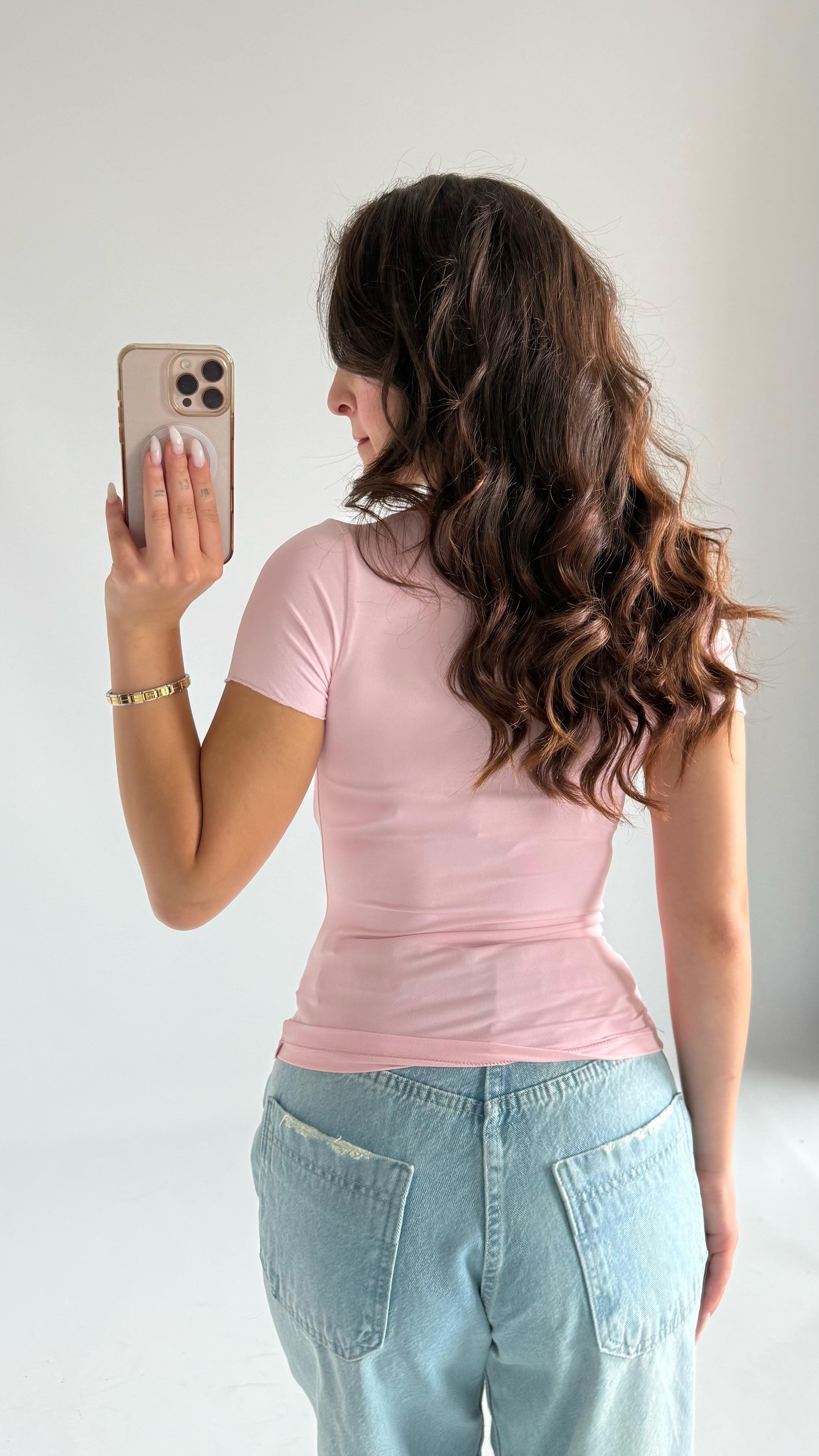 Oval Yaka Vücuda Oturan Tişört Toz Pembe