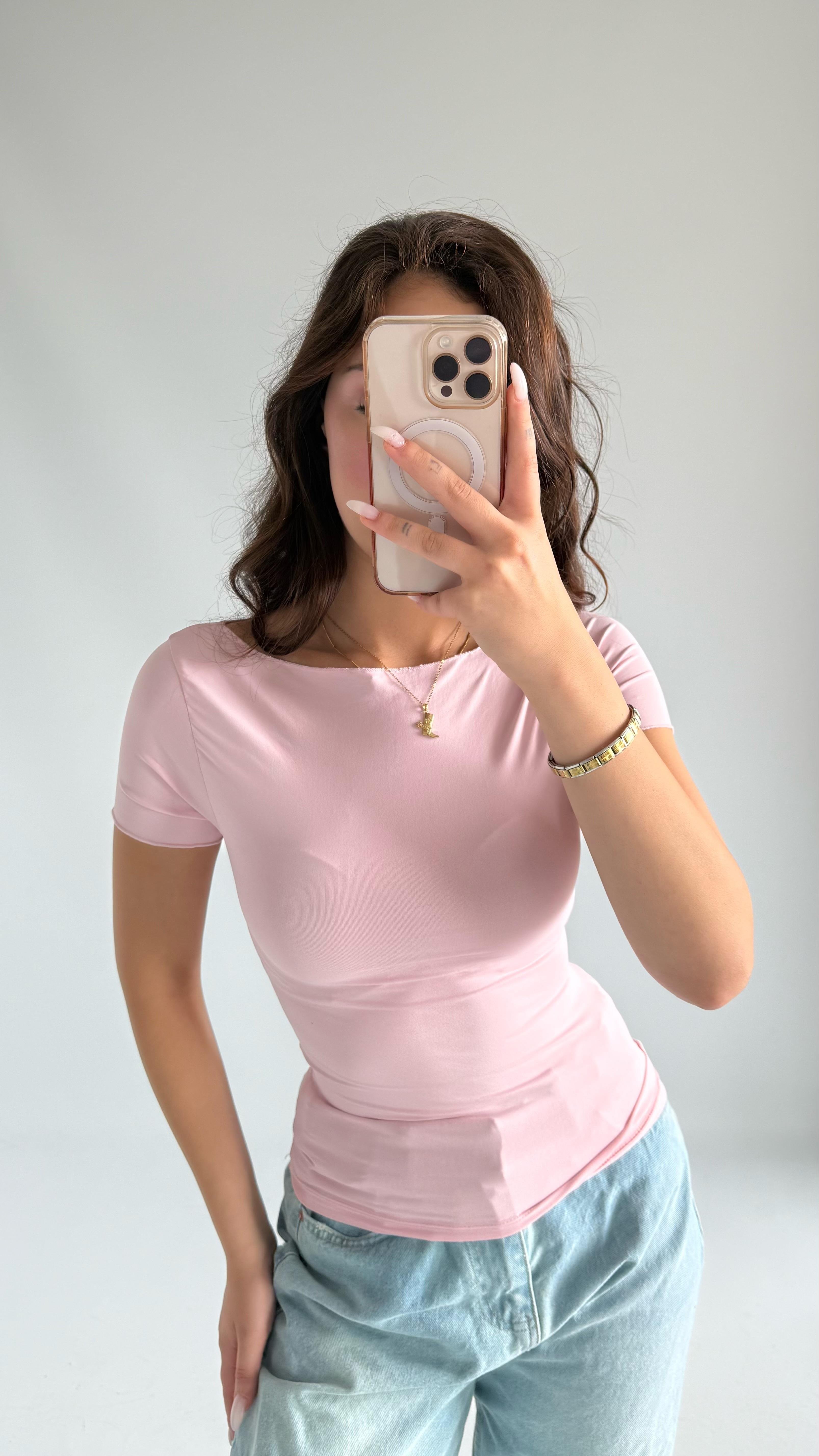 Oval Yaka Vücuda Oturan Tişört Toz Pembe