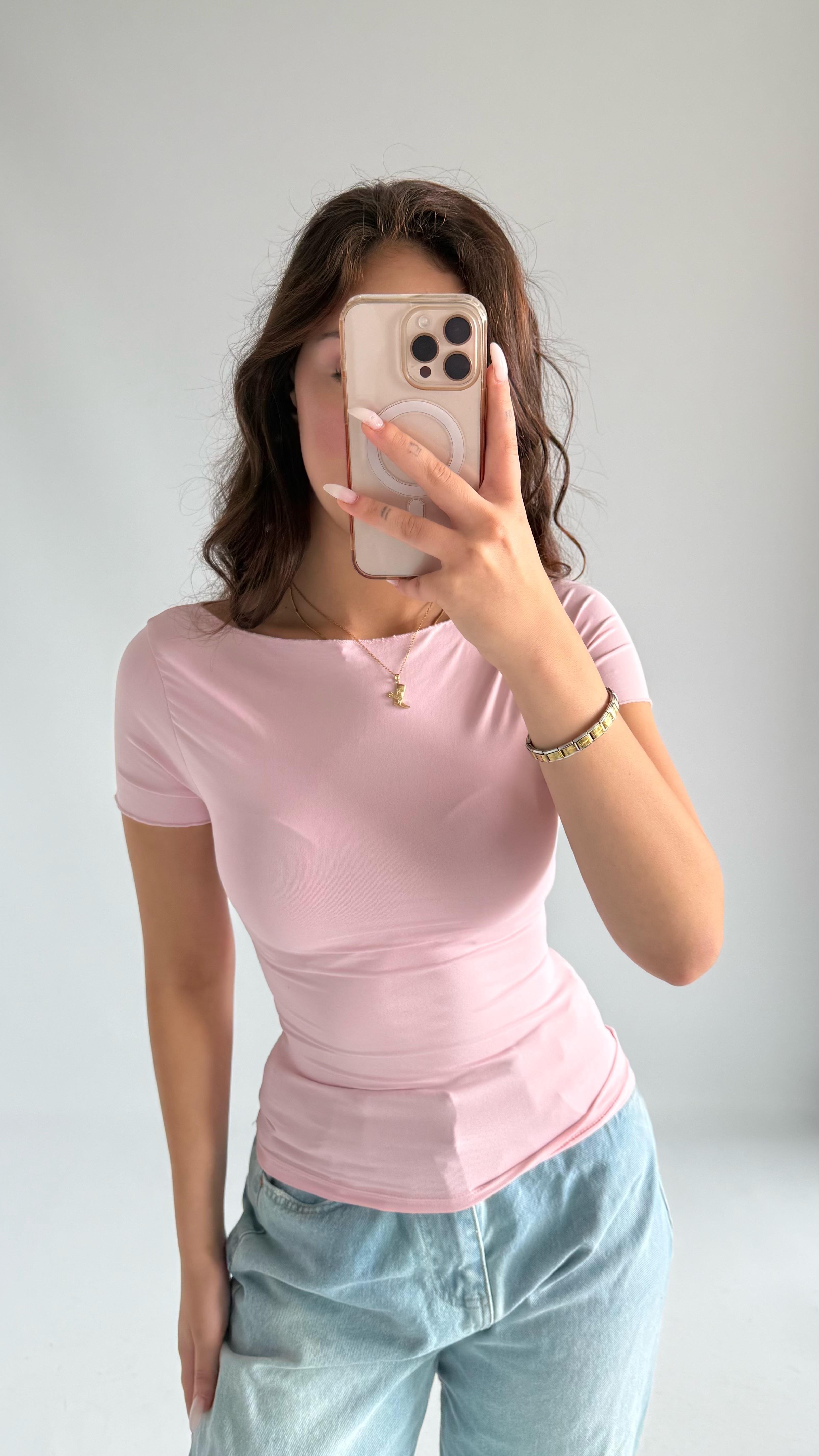 Oval Yaka Vücuda Oturan Tişört Toz Pembe
