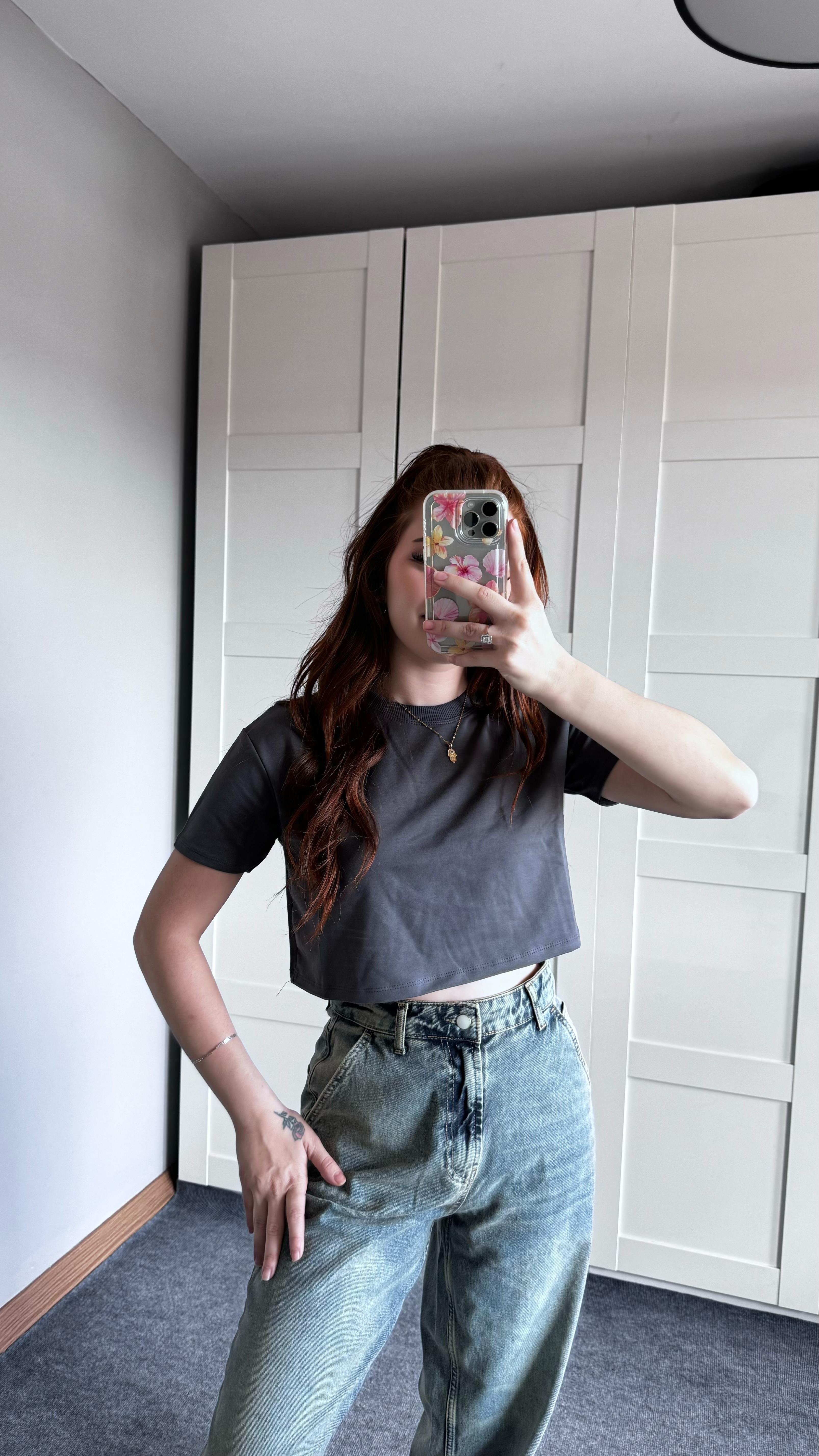 Oversize Crop Tişört Antrasit