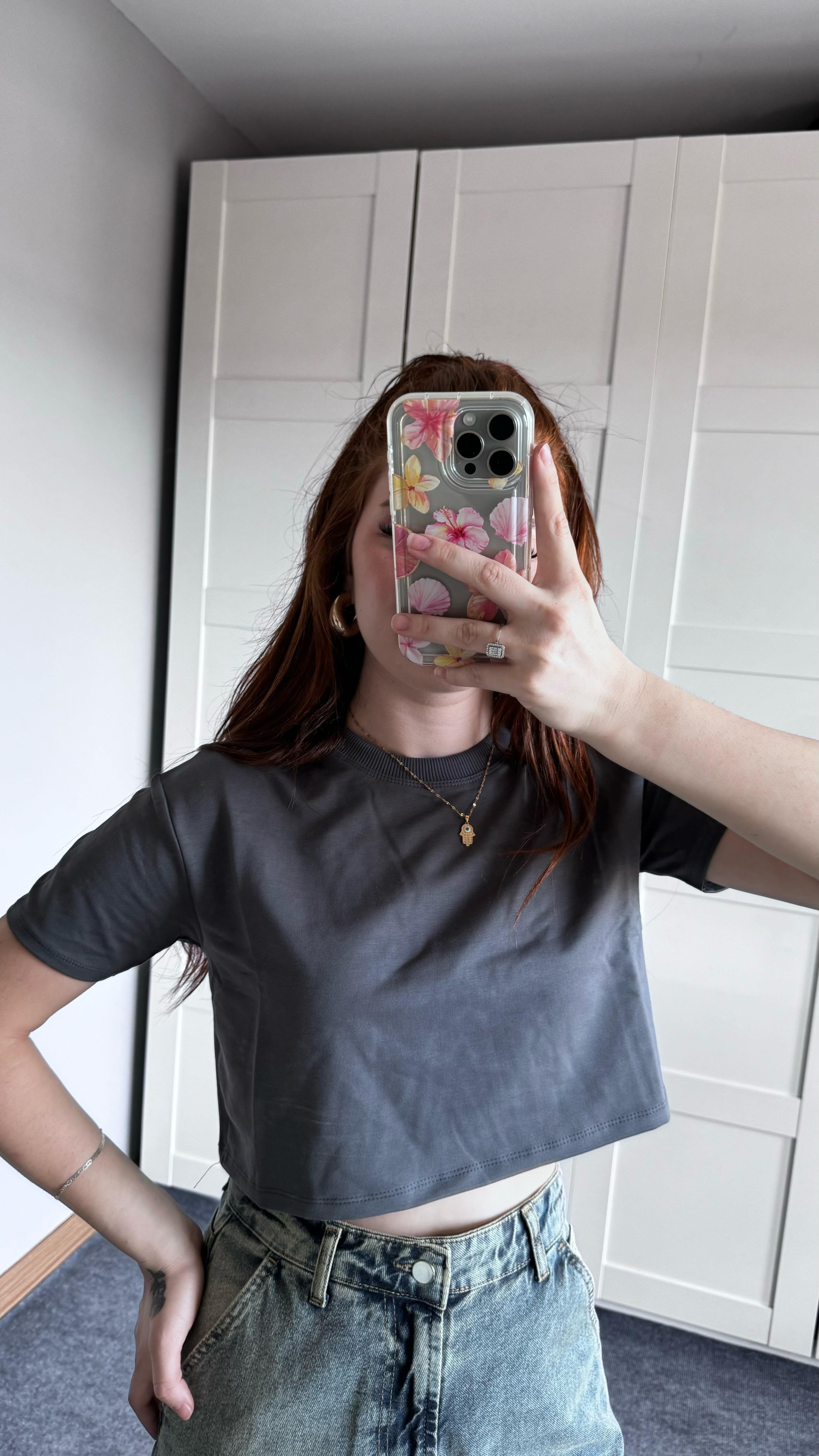 Oversize Crop Tişört Antrasit