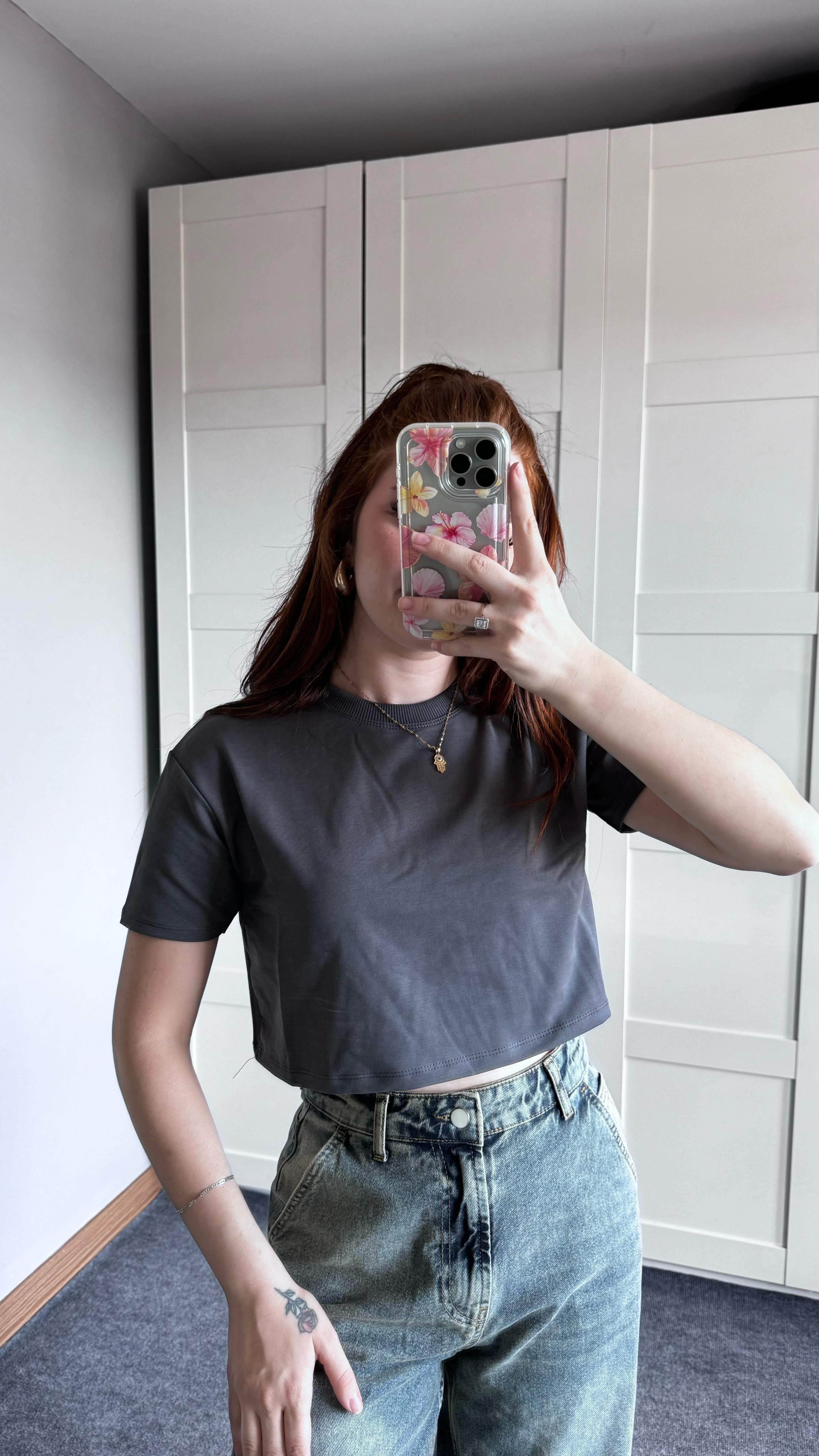 Oversize Crop Tişört Antrasit