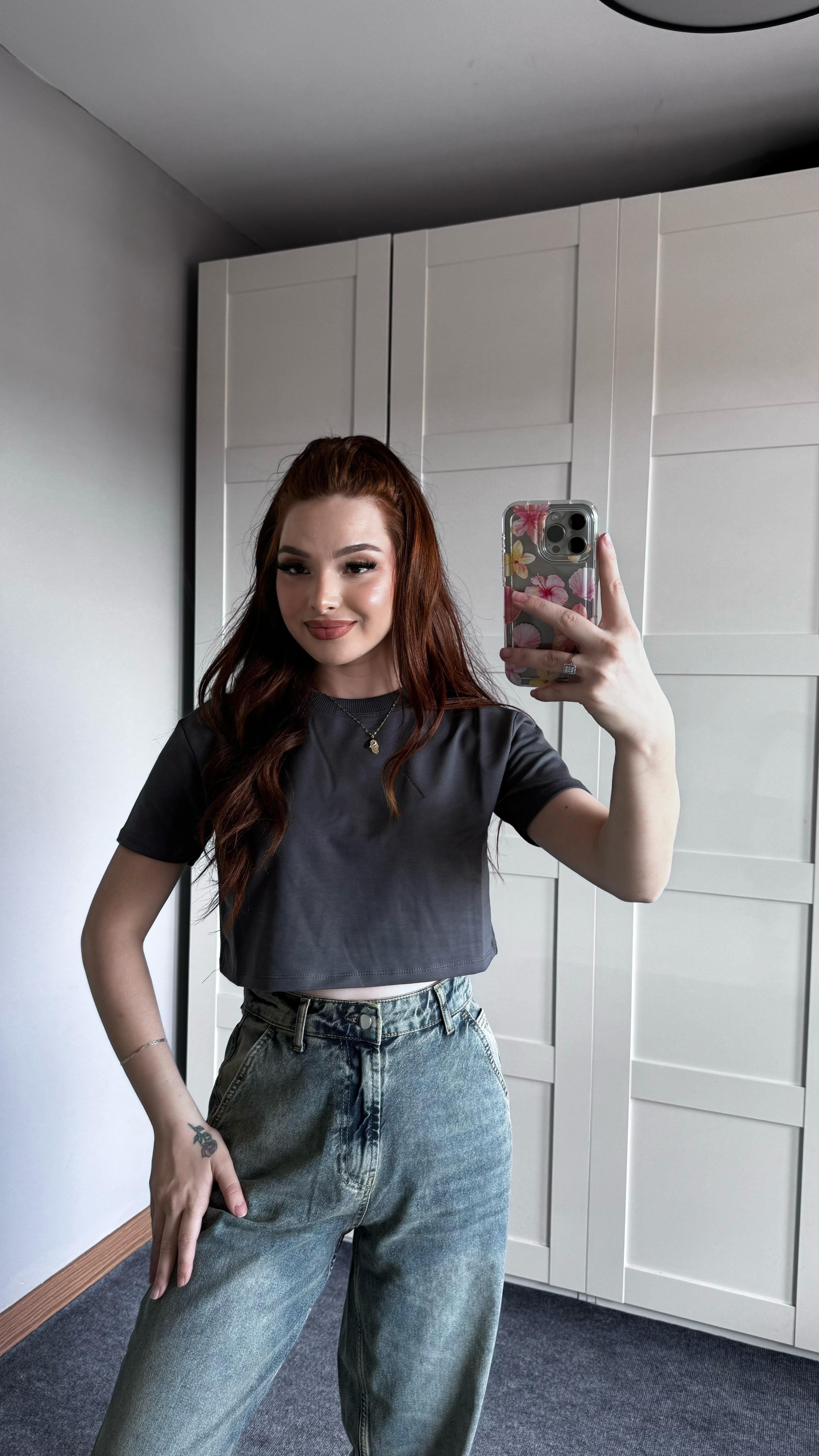 Oversize Crop Tişört Antrasit