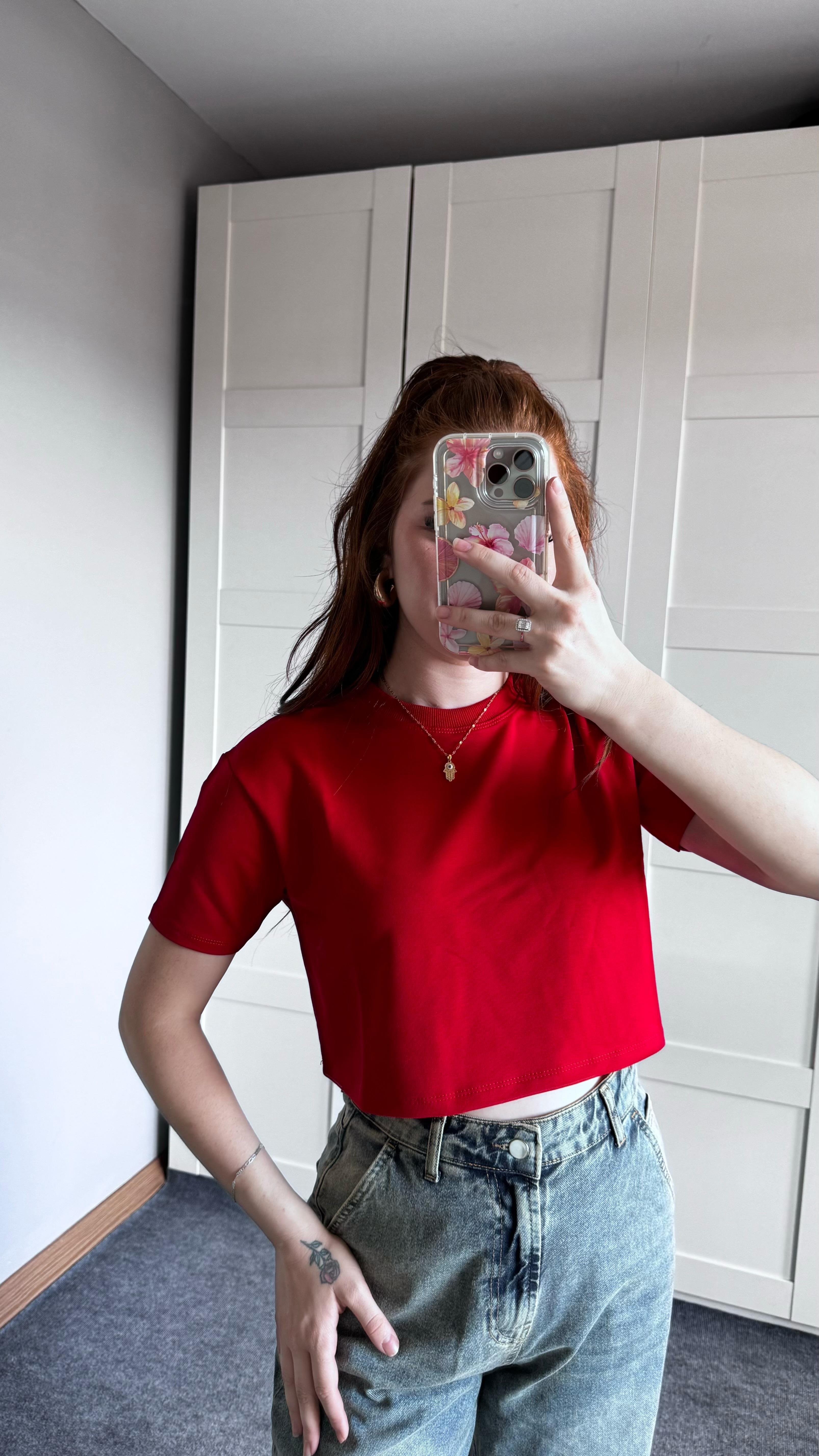 Oversize Crop Tişört Kırmızı