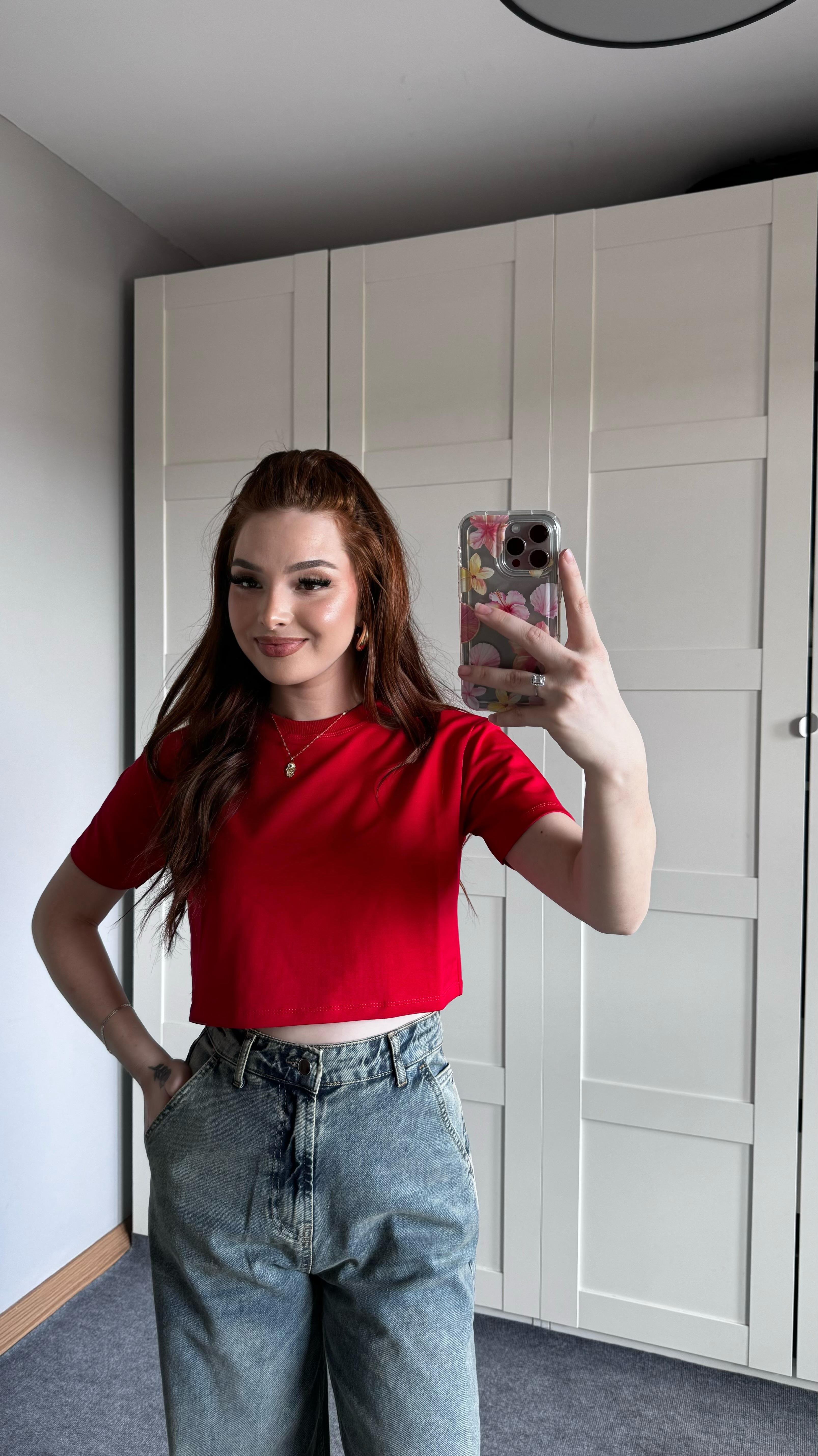 Oversize Crop Tişört Kırmızı