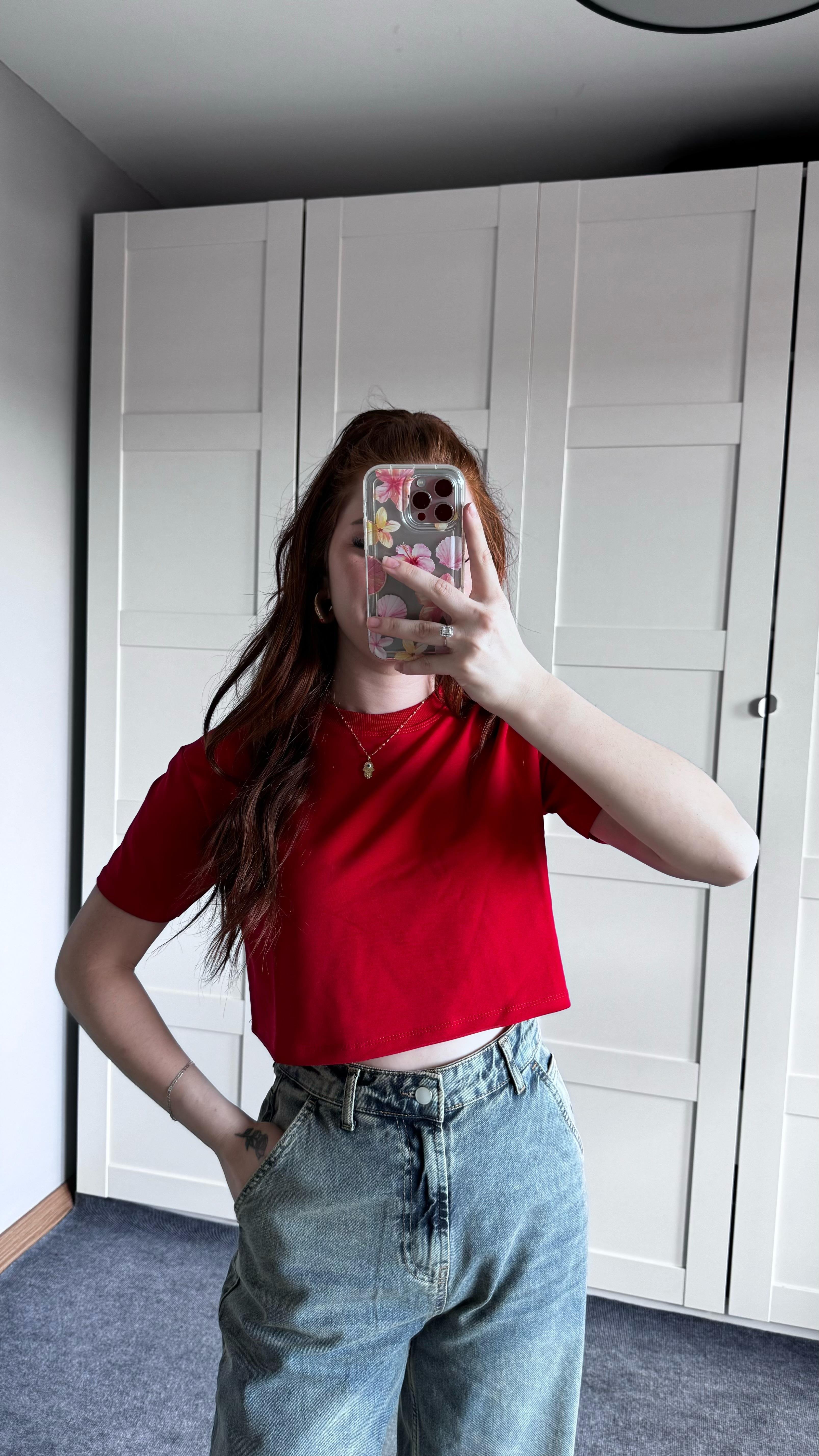 Oversize Crop Tişört Kırmızı