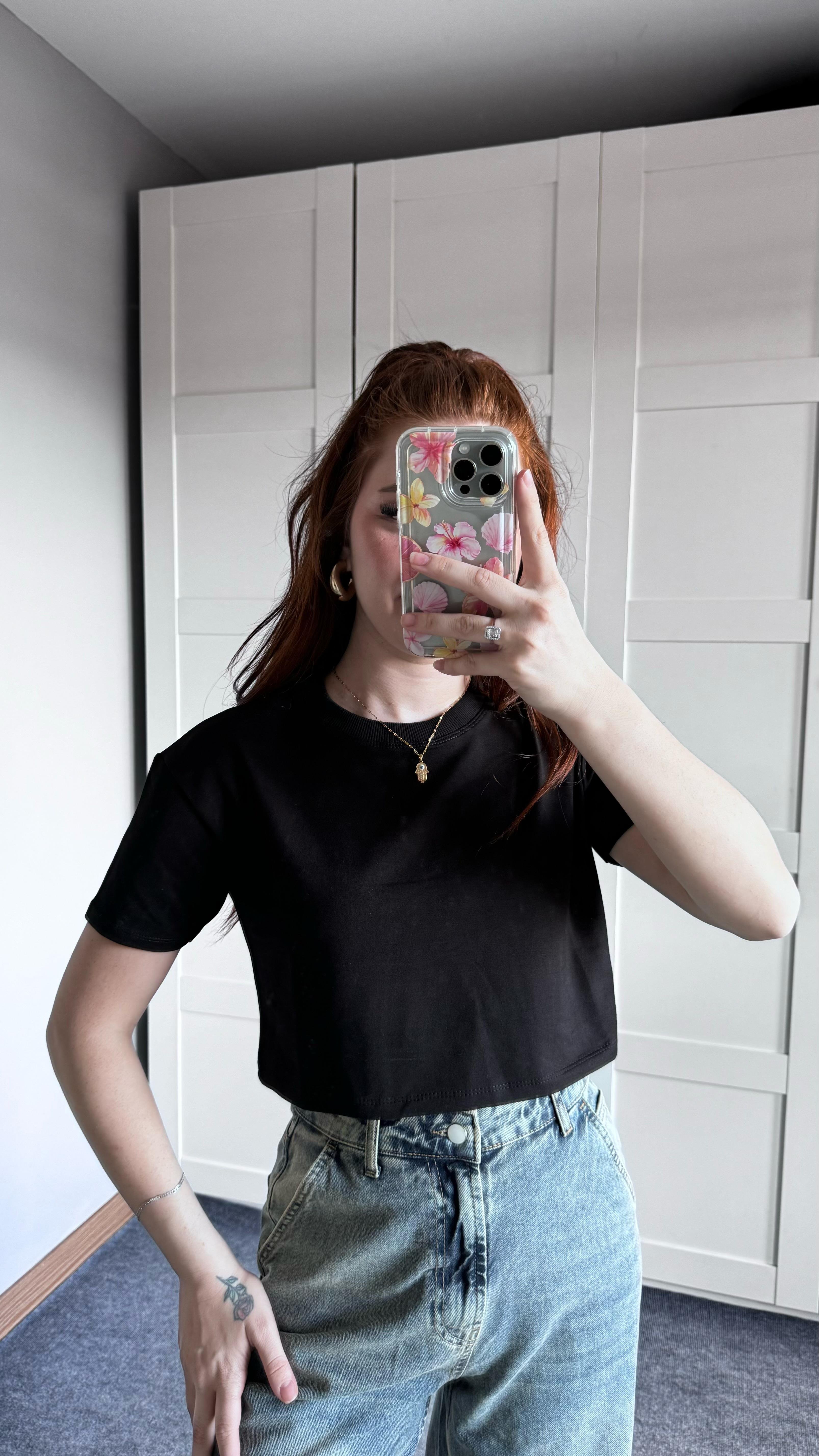 Oversize Crop Tişört Siyah