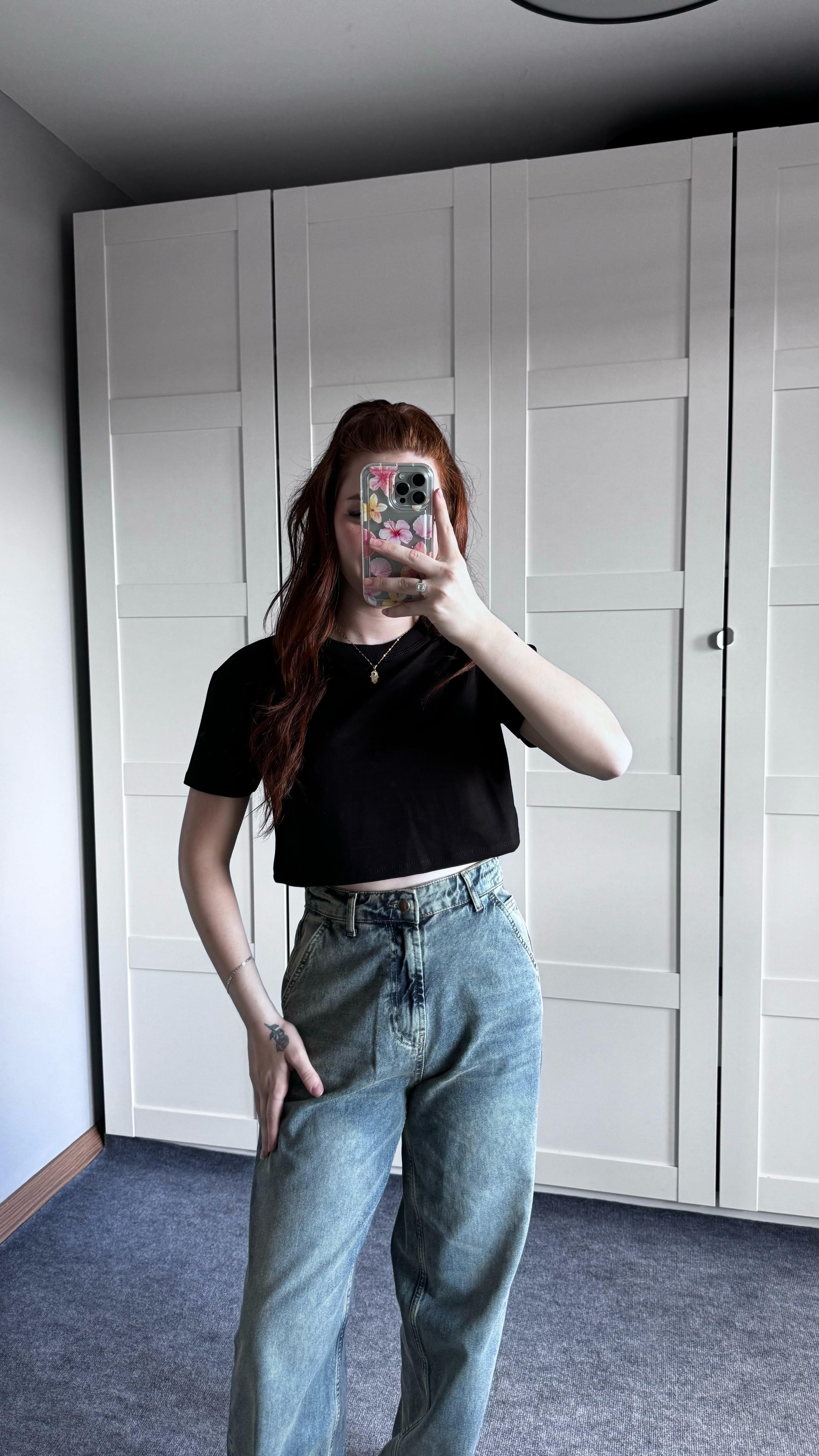 Oversize Crop Tişört Siyah