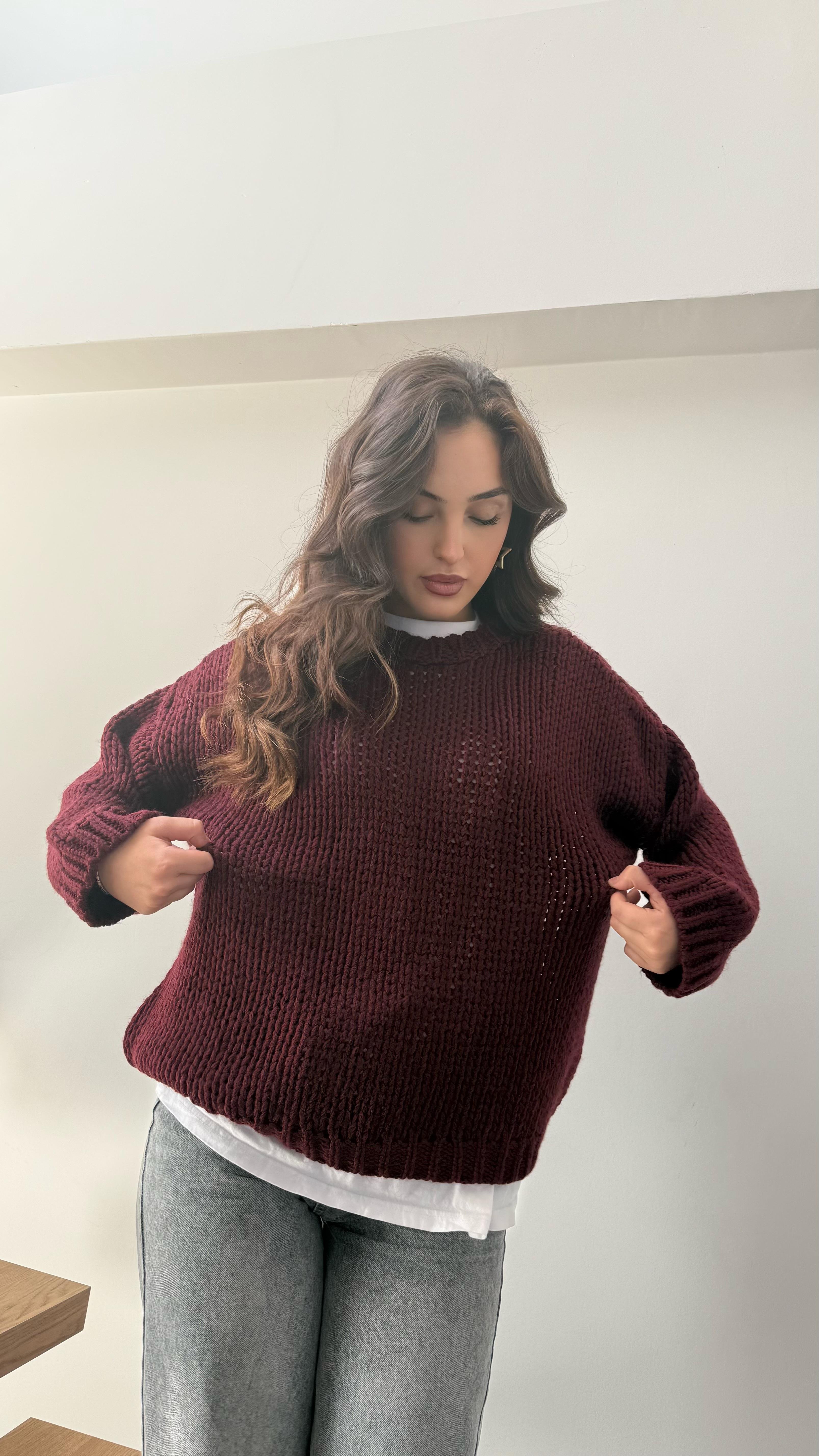 Oversize Örgü Kazak Bordo