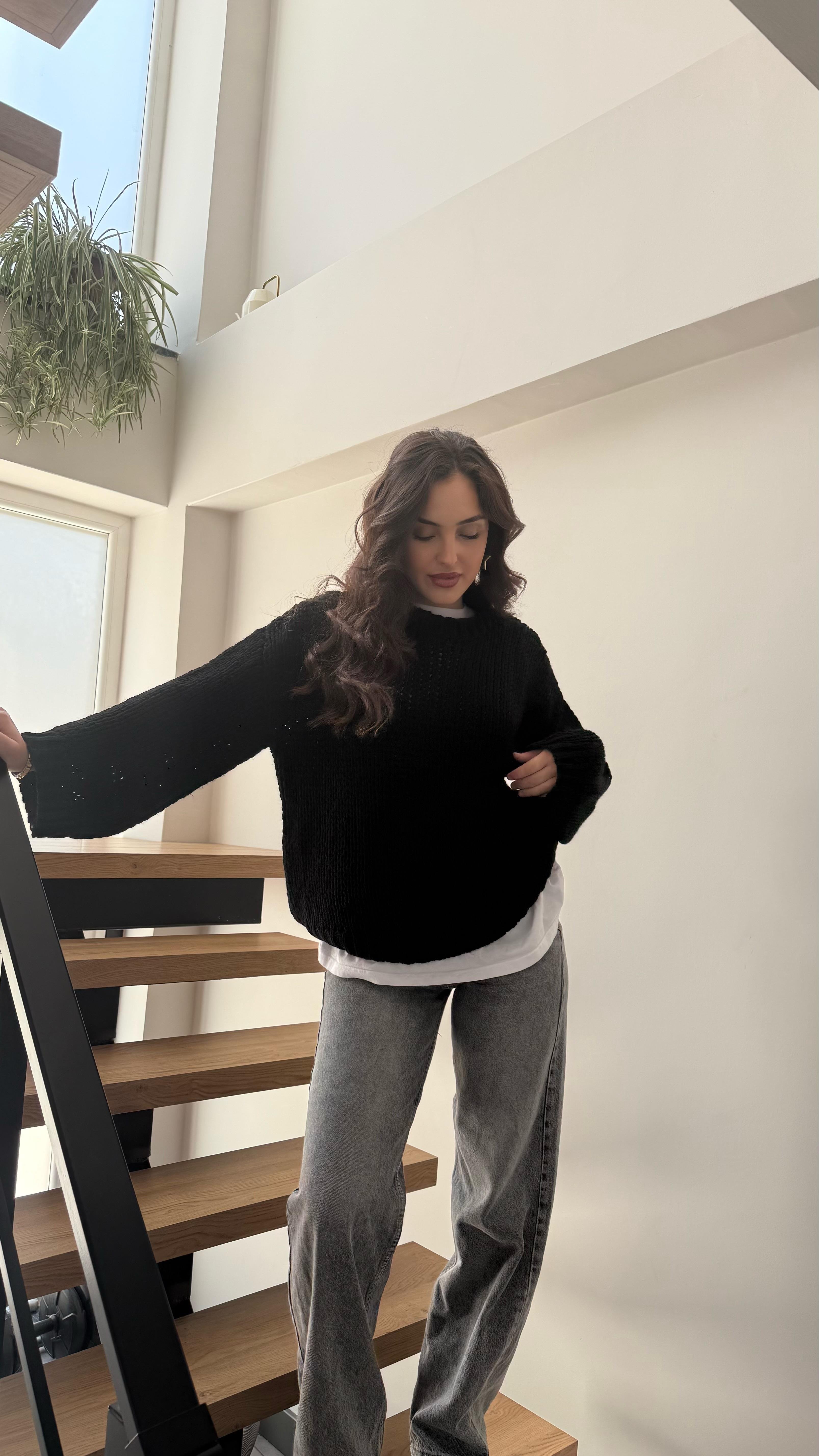 Oversize Örgü Kazak Siyah