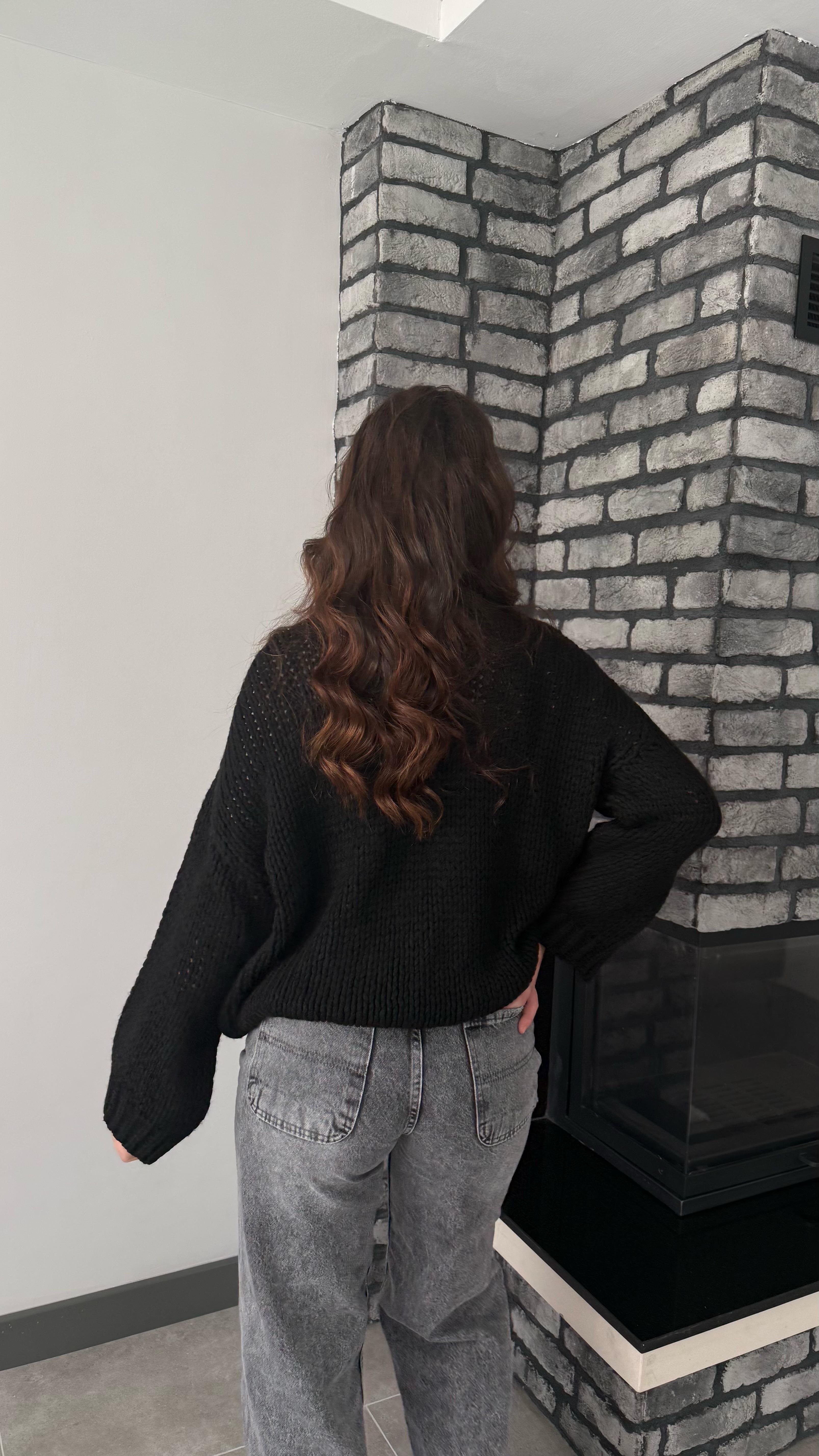 Oversize Örgü Kazak Siyah