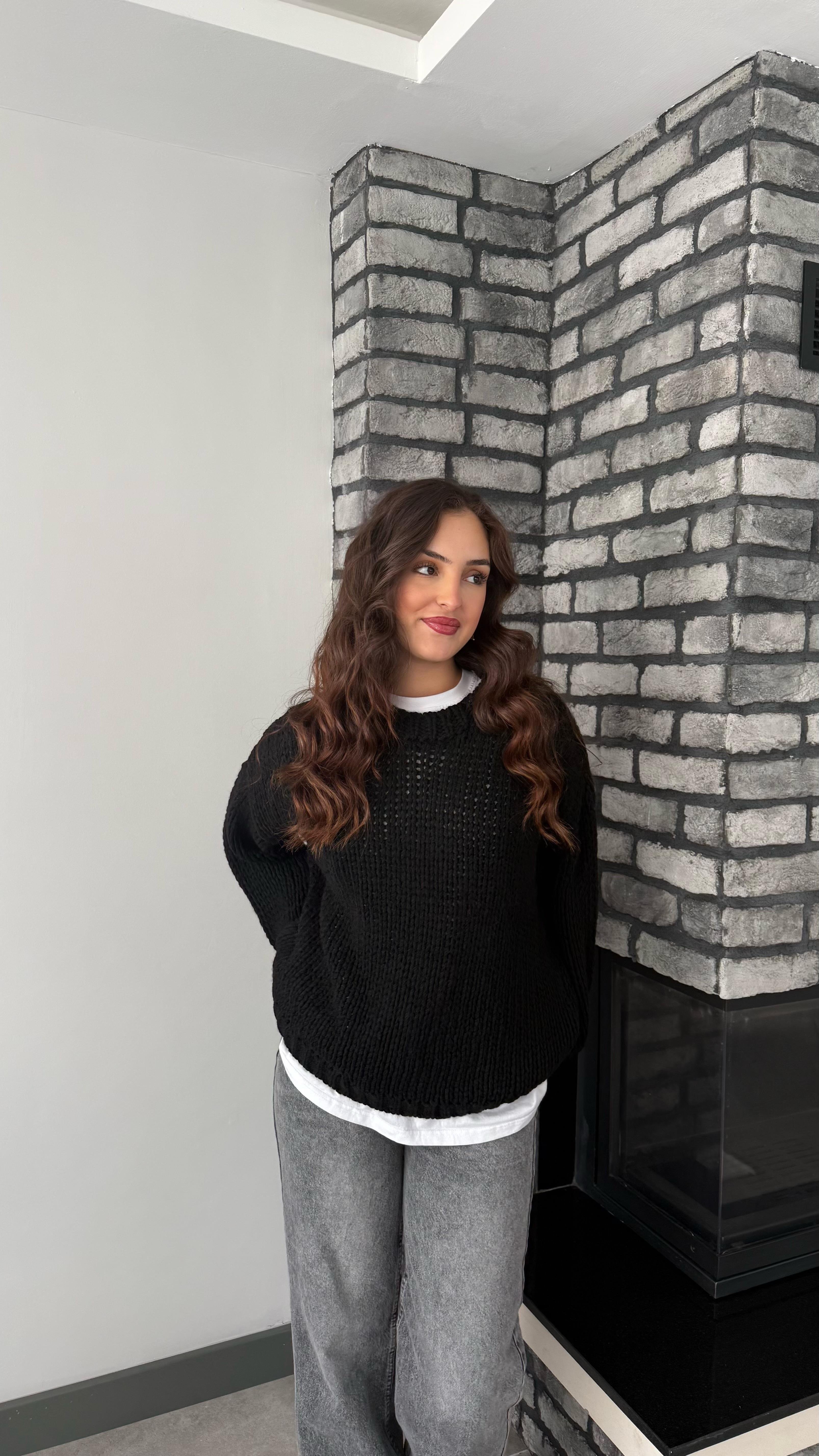 Oversize Örgü Kazak Siyah