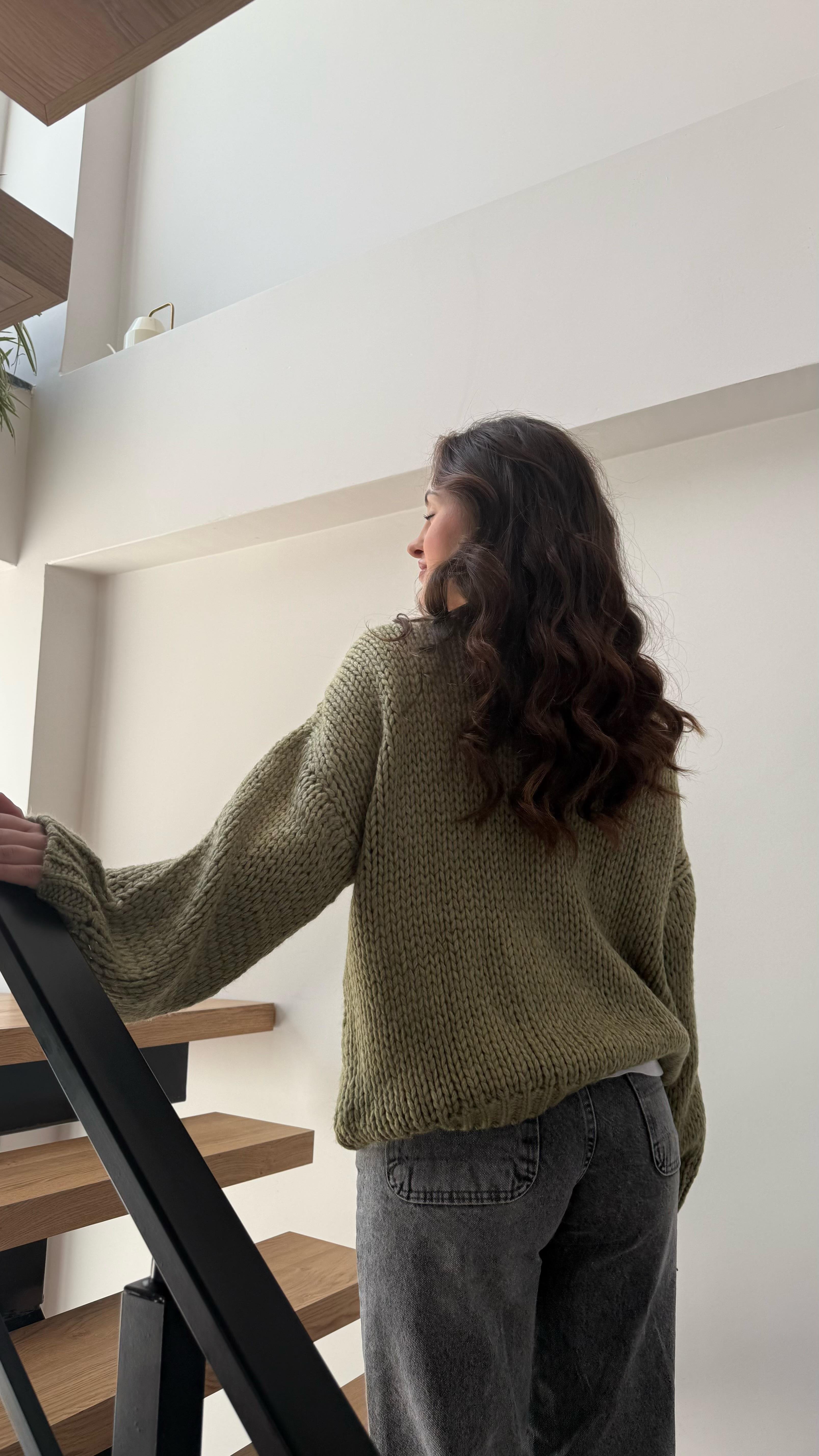 Oversize Örgü Kazak Yeşil