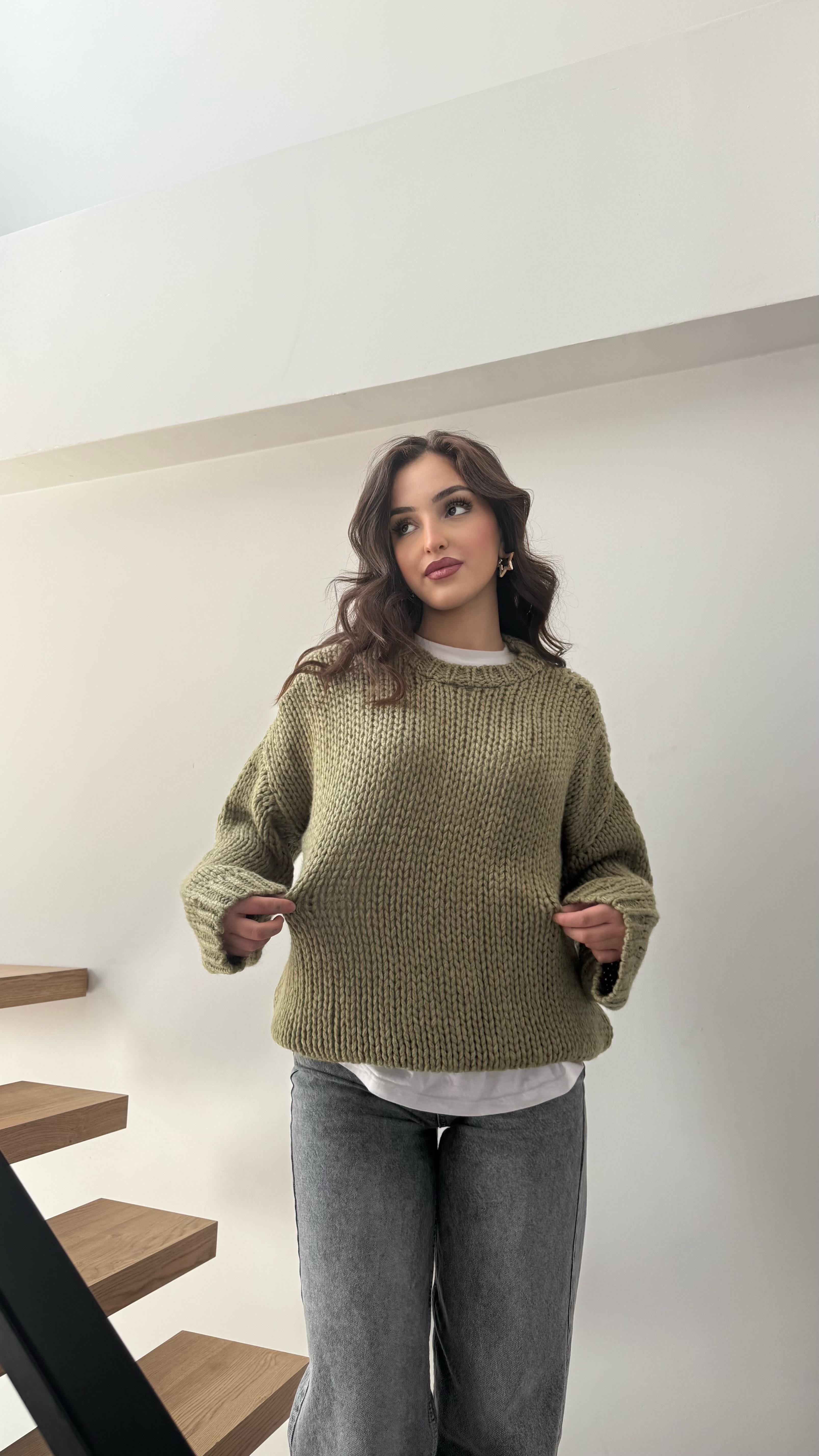 Oversize Örgü Kazak Yeşil