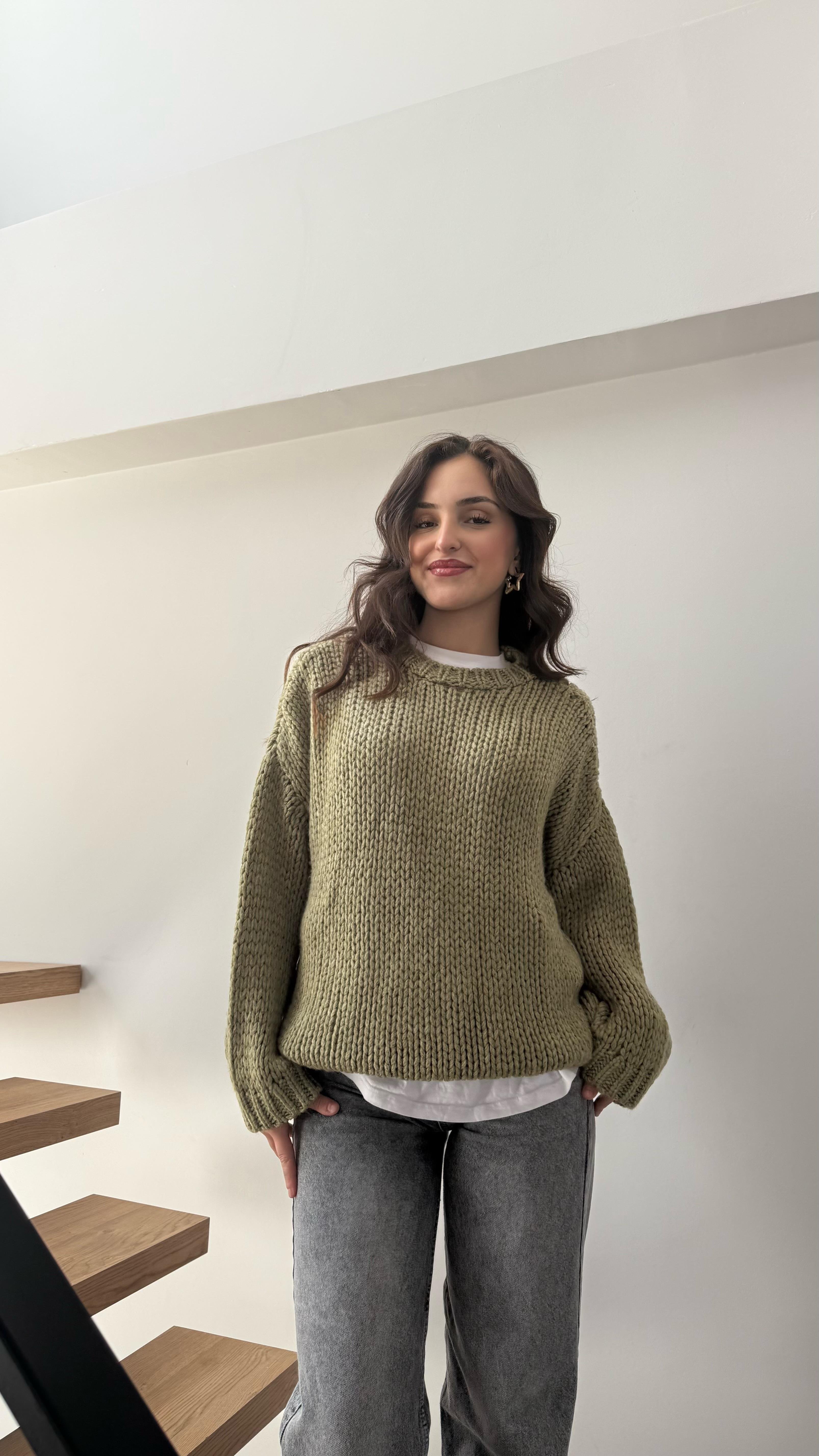 Oversize Örgü Kazak Yeşil