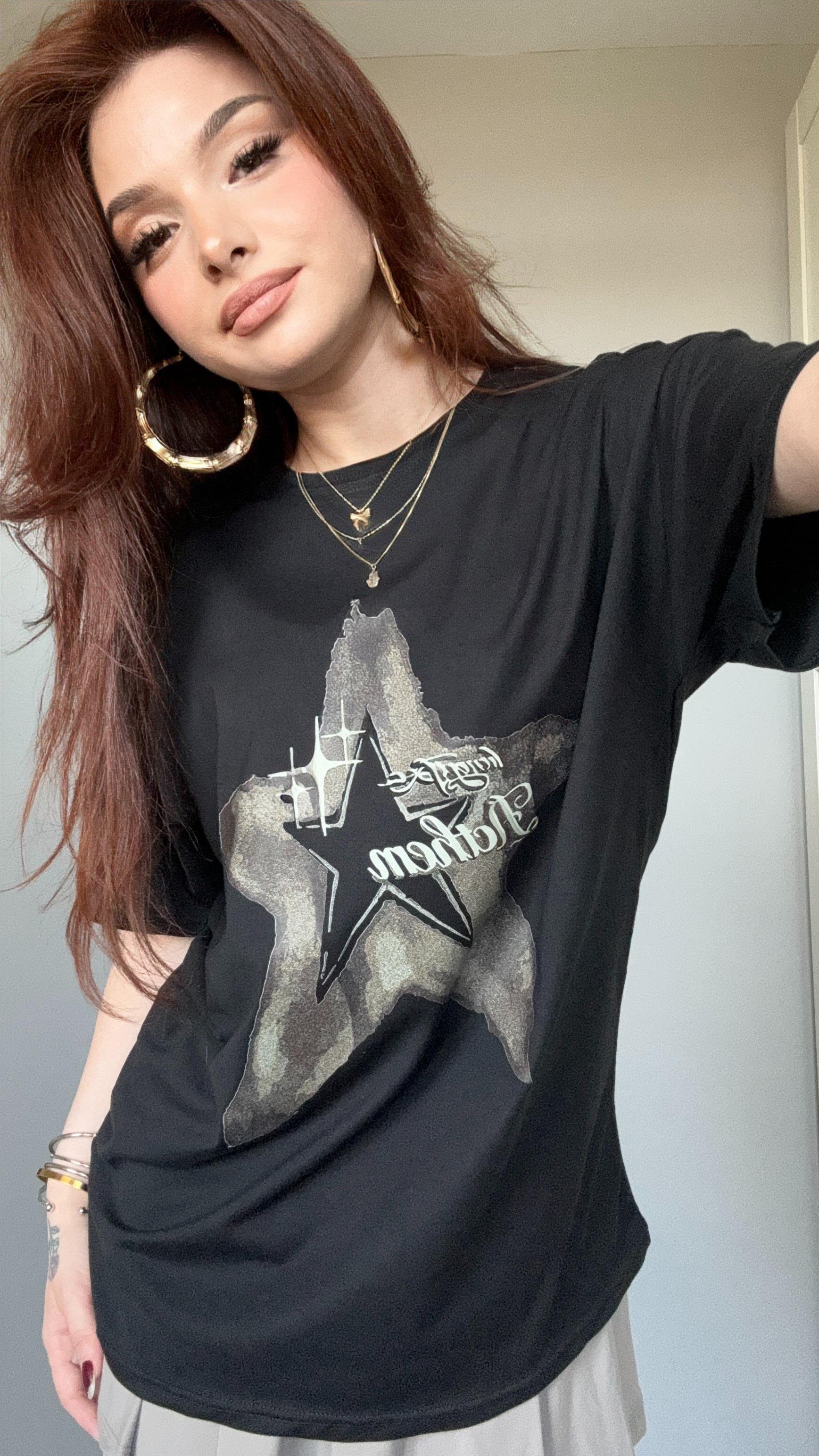 Oversize Star Siyah Tişört 