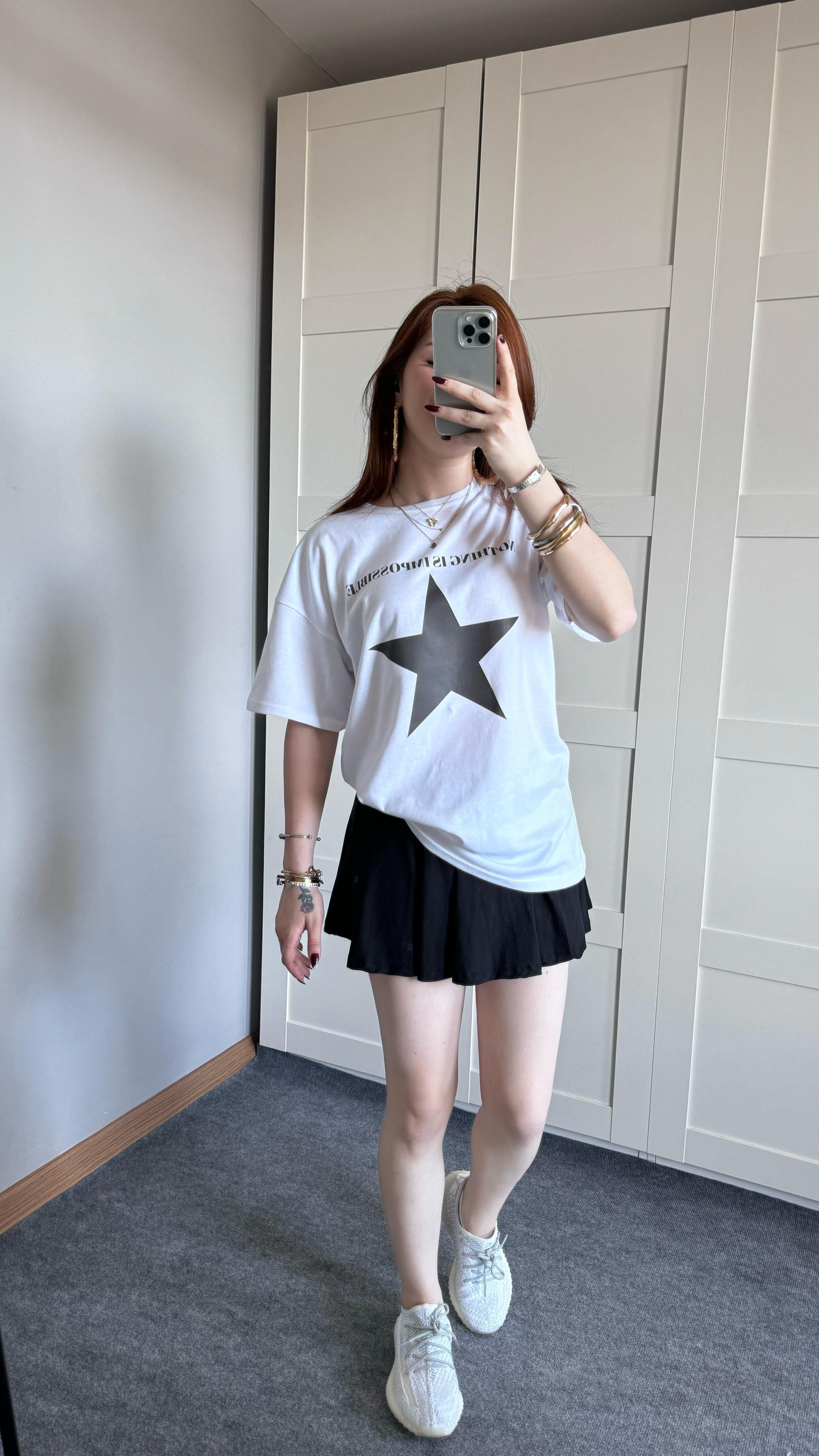 Oversize Yıldız Beyaz Tişört 