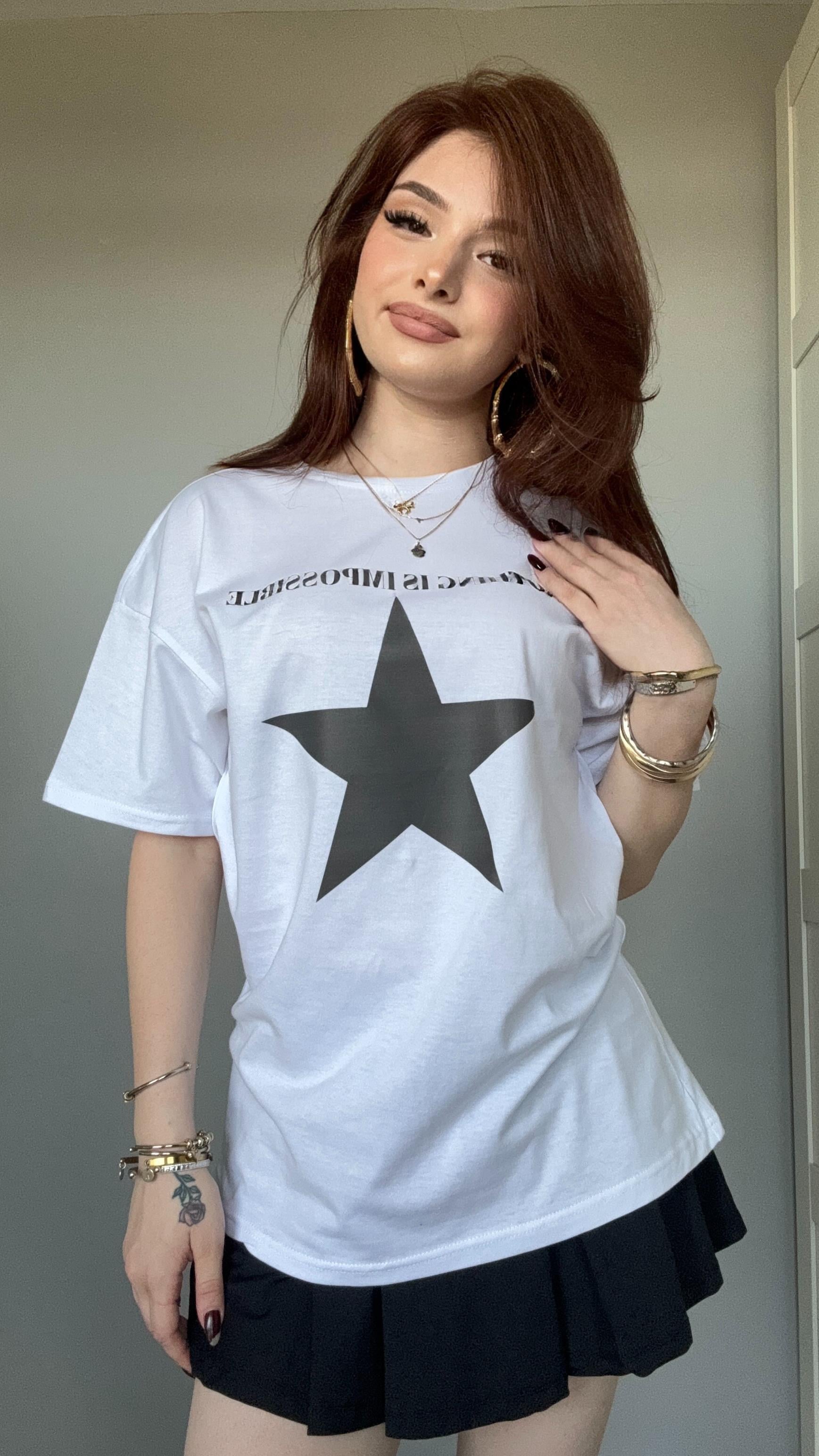 Oversize Yıldız Beyaz Tişört 