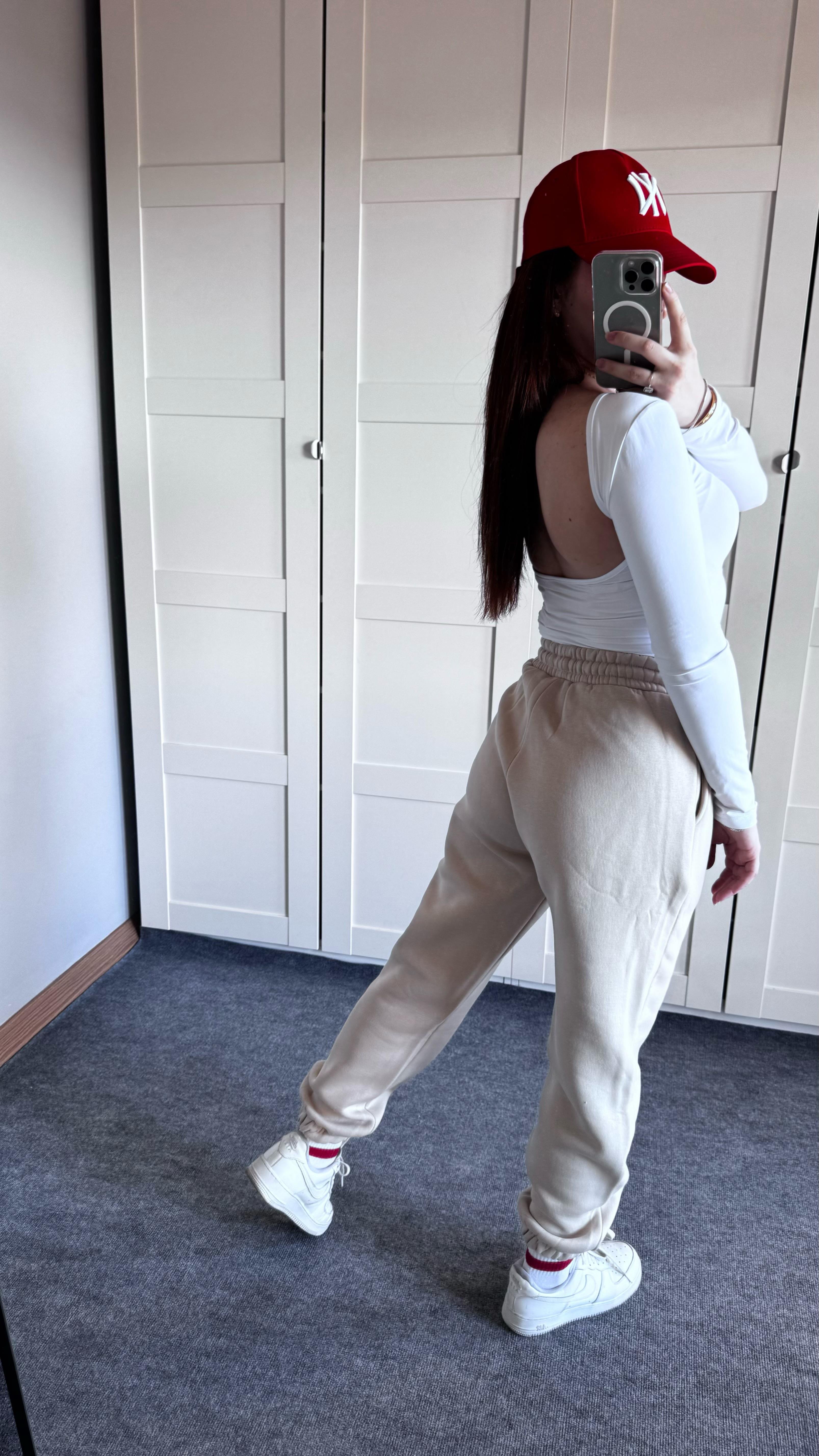 Oversize Yüksek Bel Şardonlu Eşofman Bej