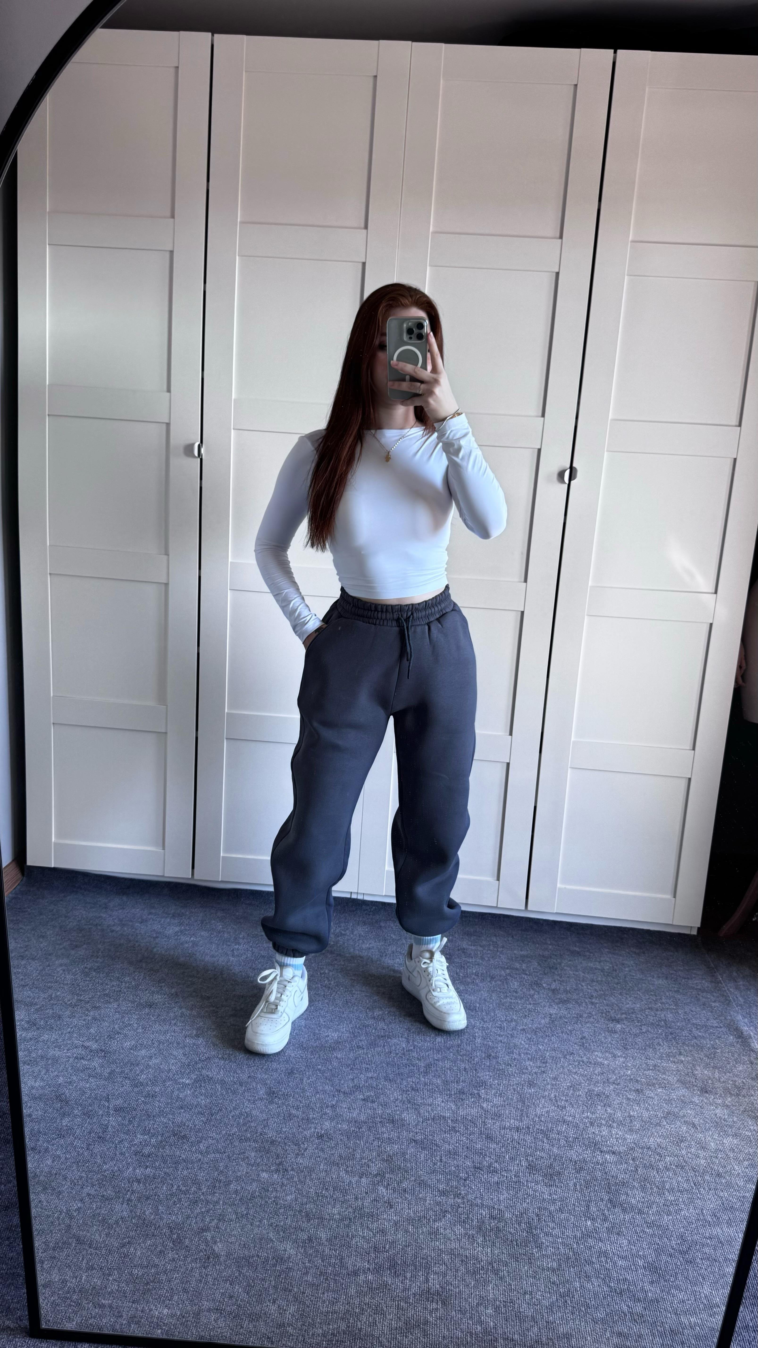 Oversize Yüksek Bel Şardonlu Eşofman Füme