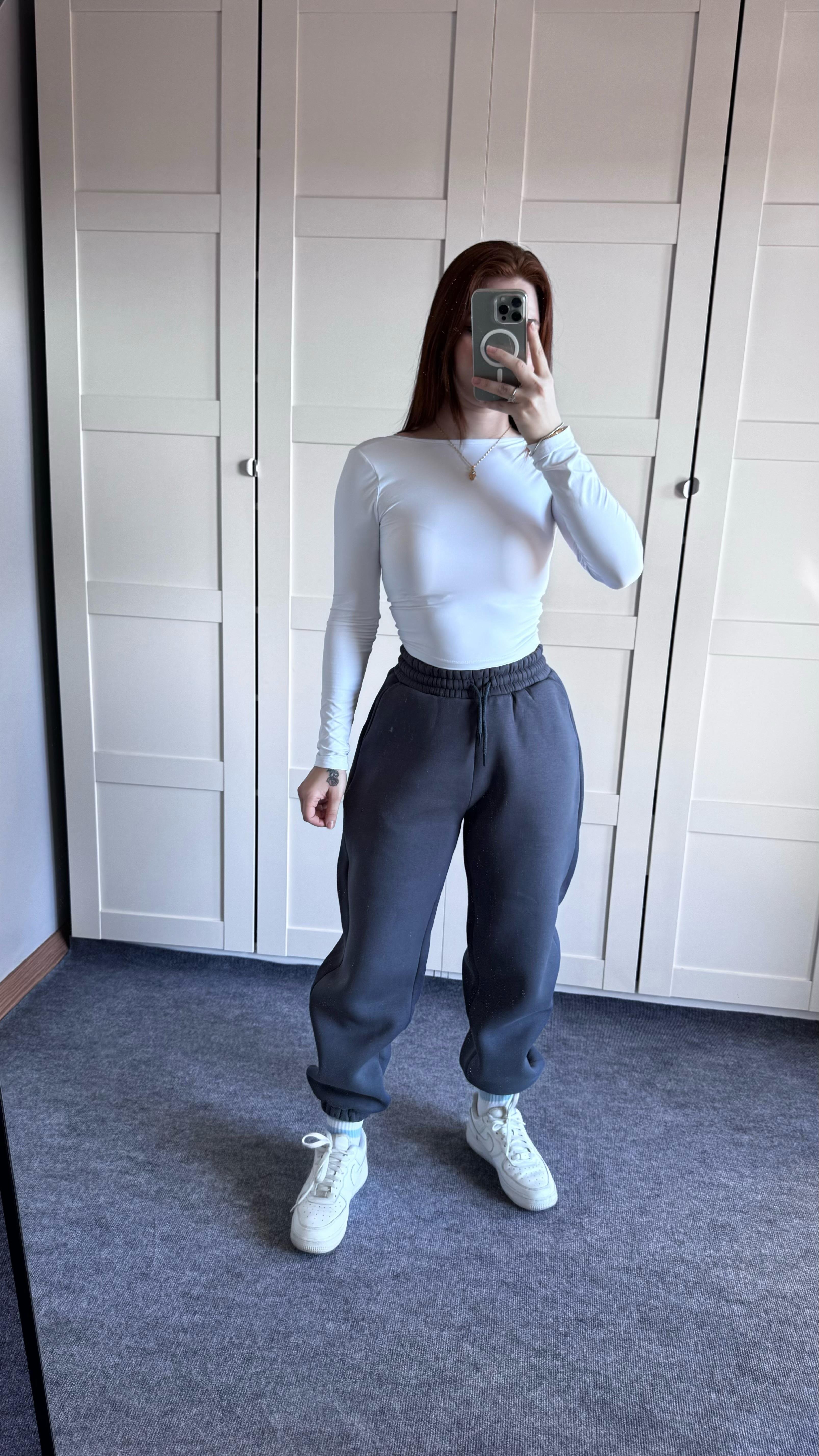 Oversize Yüksek Bel Şardonlu Eşofman Füme