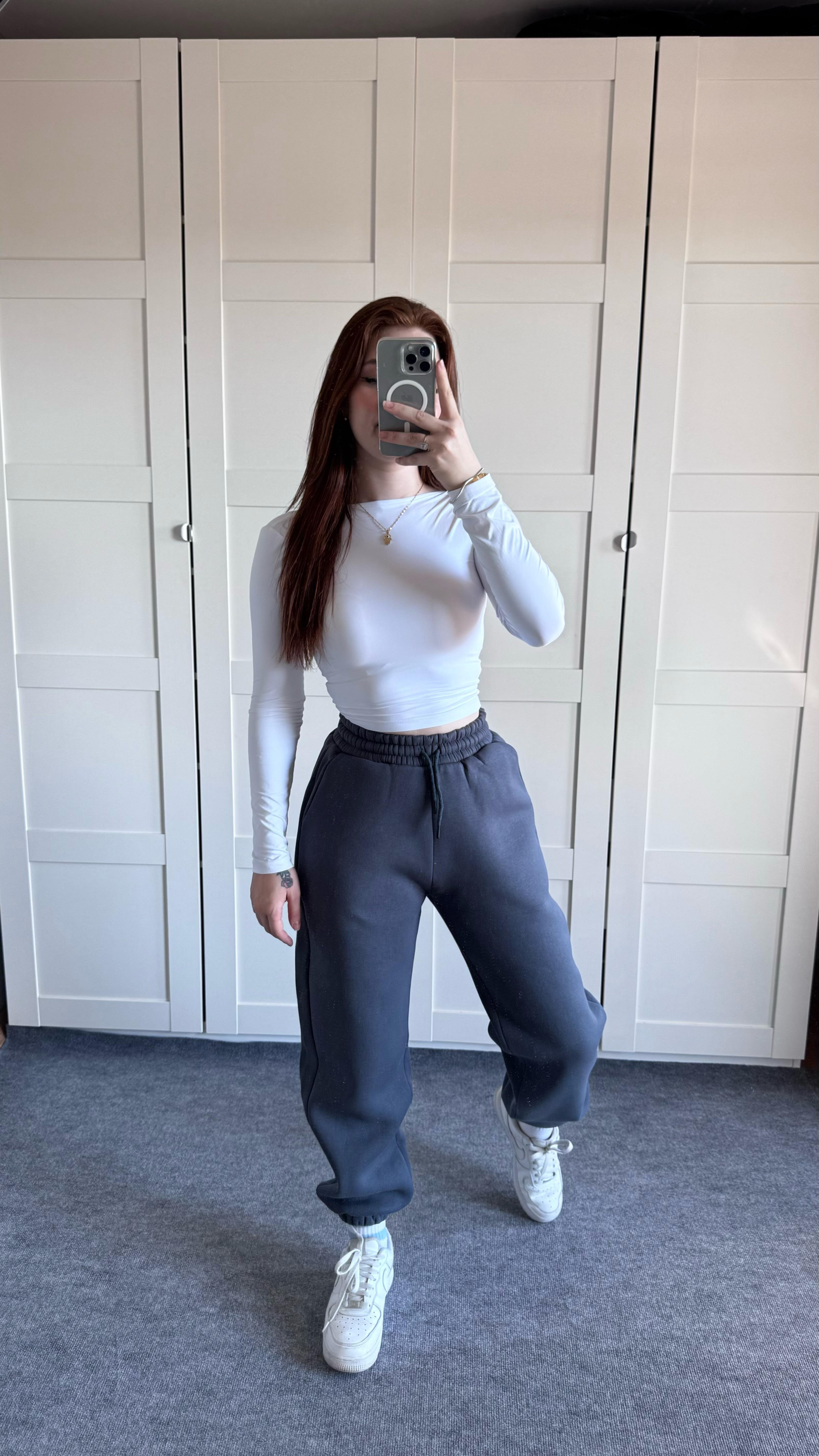 Oversize Yüksek Bel Şardonlu Eşofman Füme