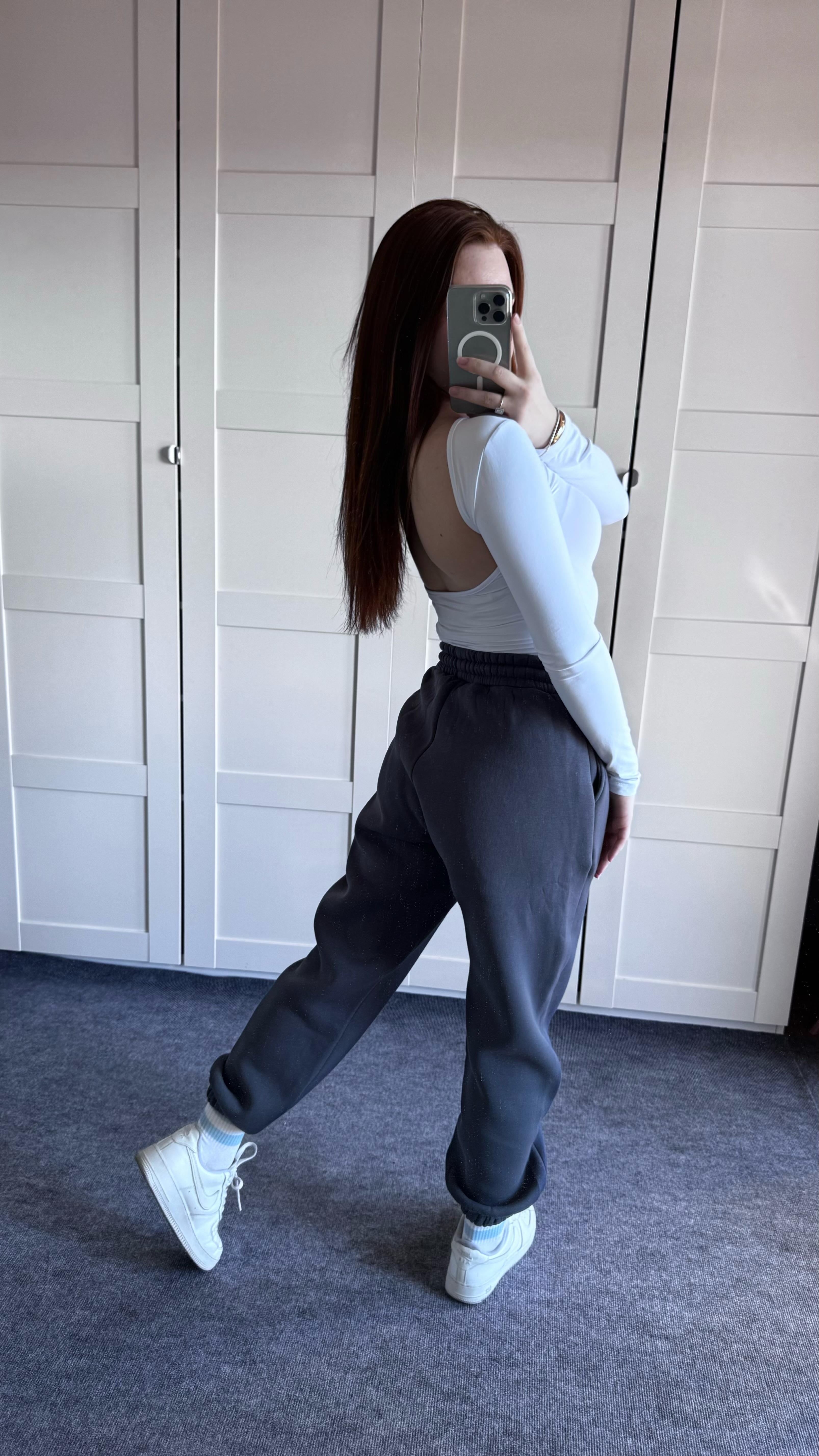 Oversize Yüksek Bel Şardonlu Eşofman Füme