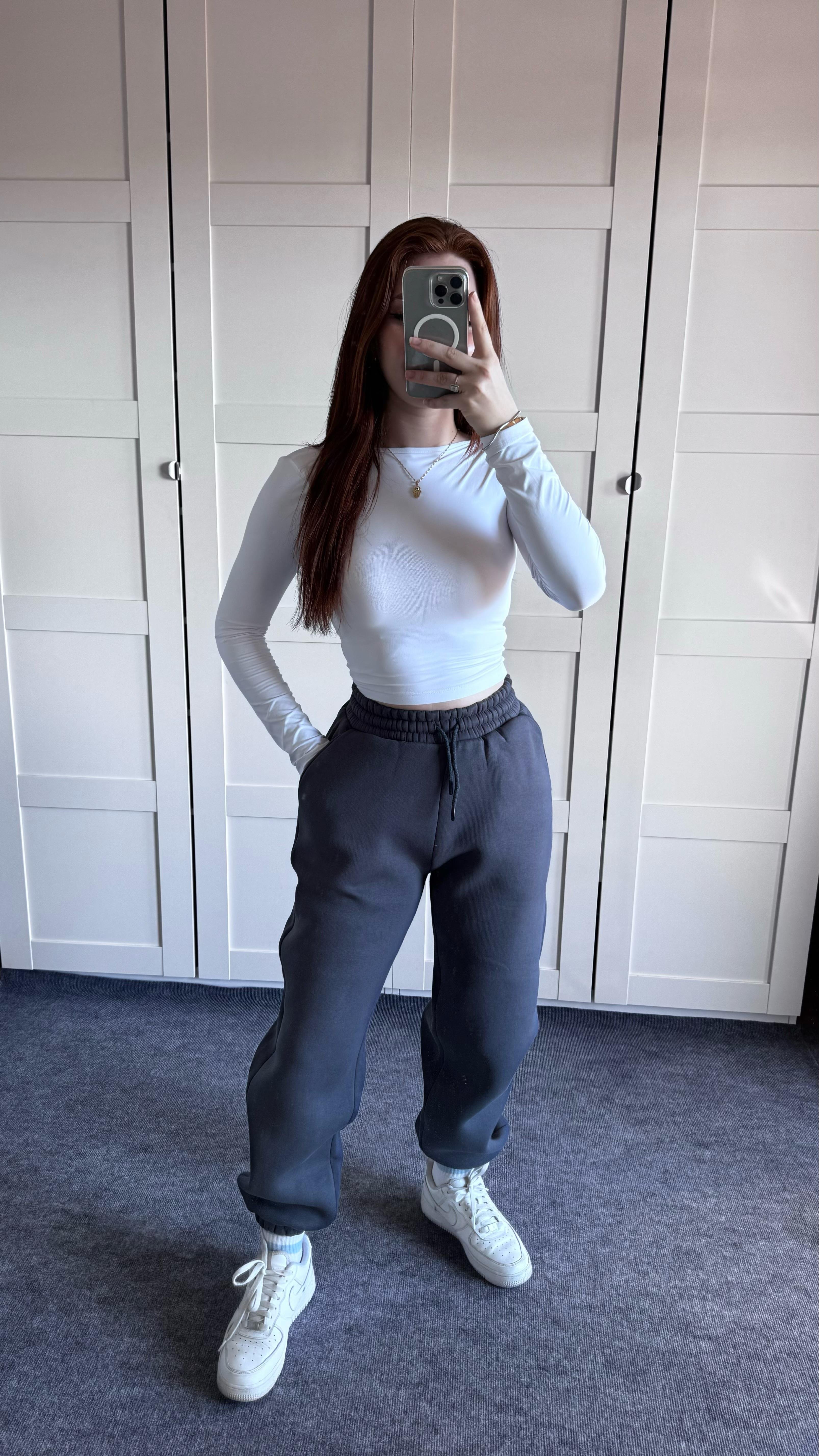 Oversize Yüksek Bel Şardonlu Eşofman Füme