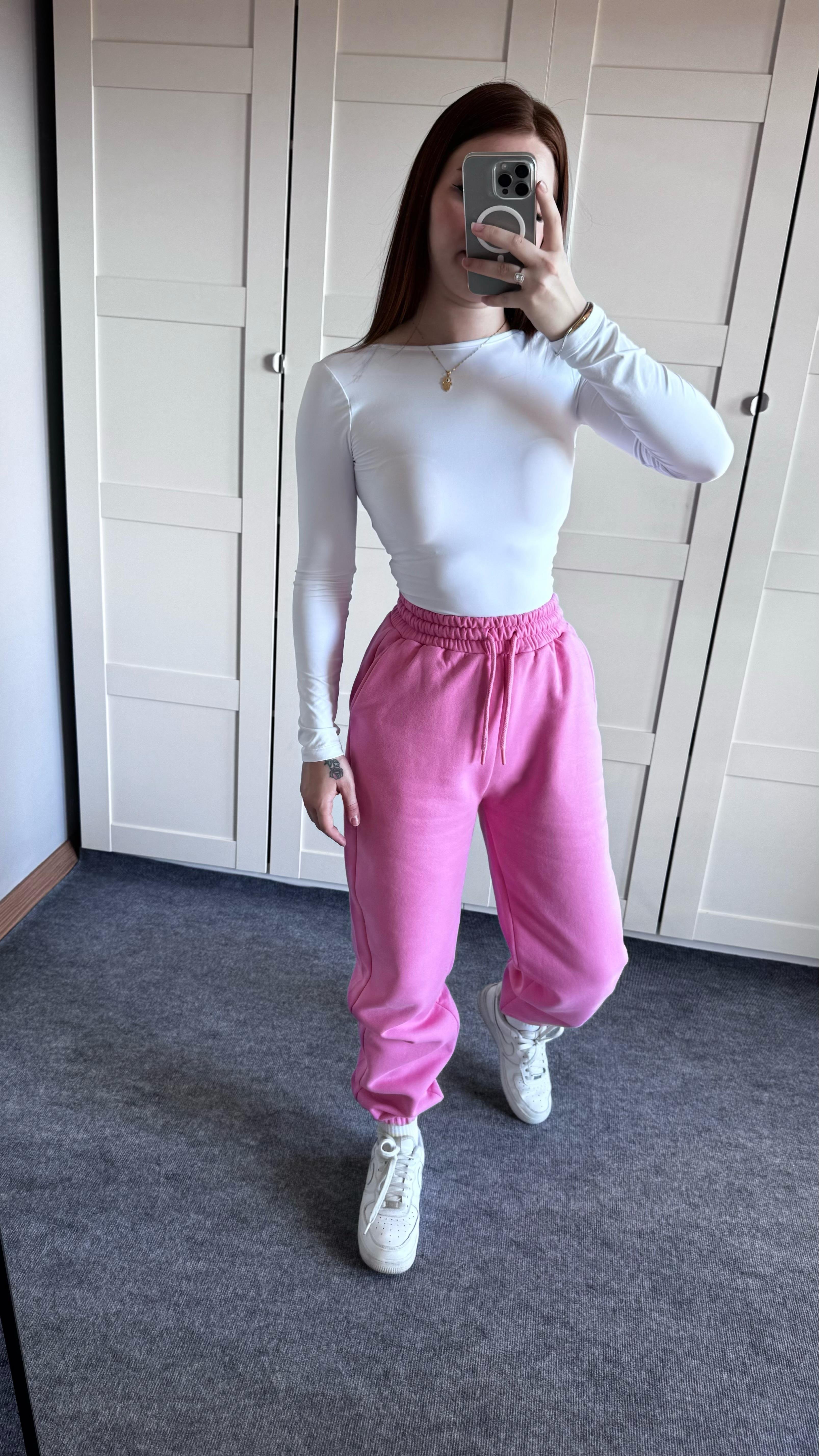 Oversize Yüksek Bel Şardonlu Eşofman Pembe