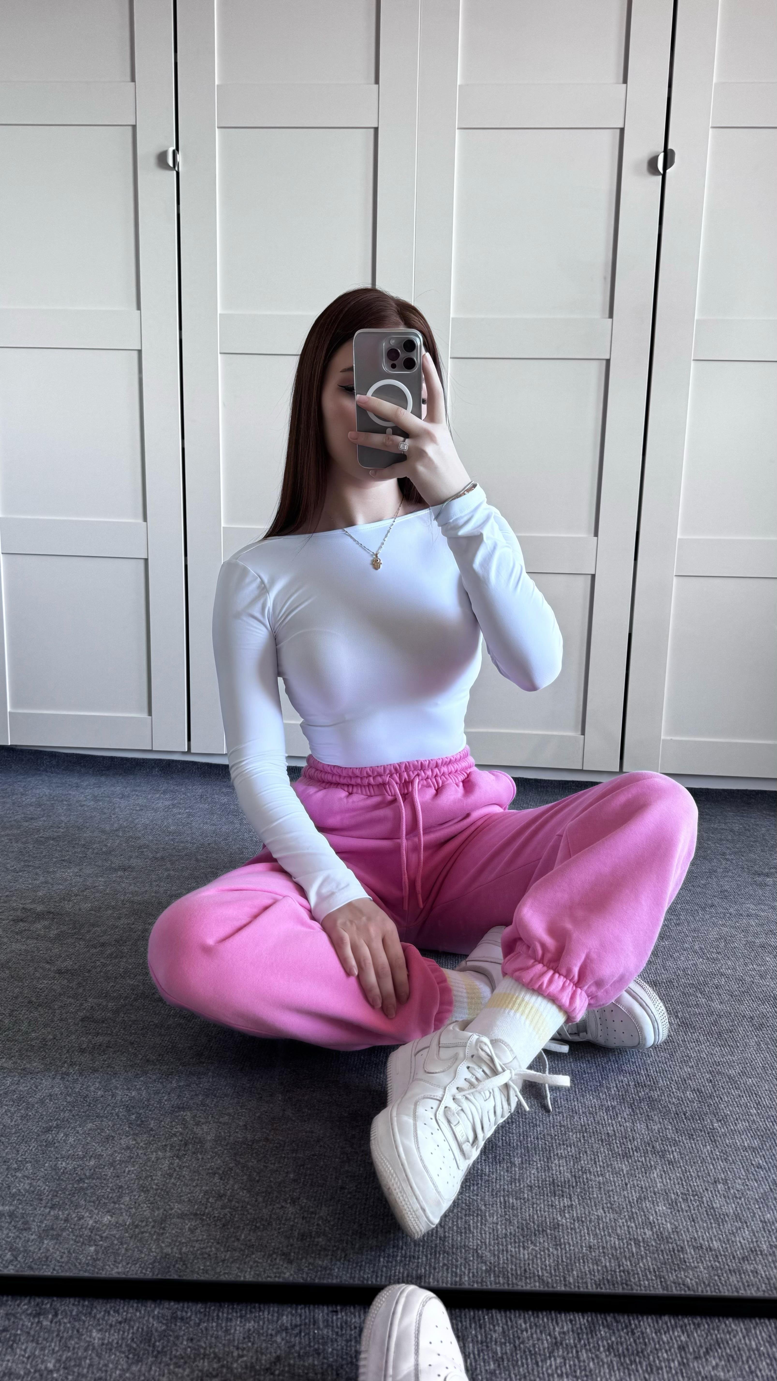Oversize Yüksek Bel Şardonlu Eşofman Pembe