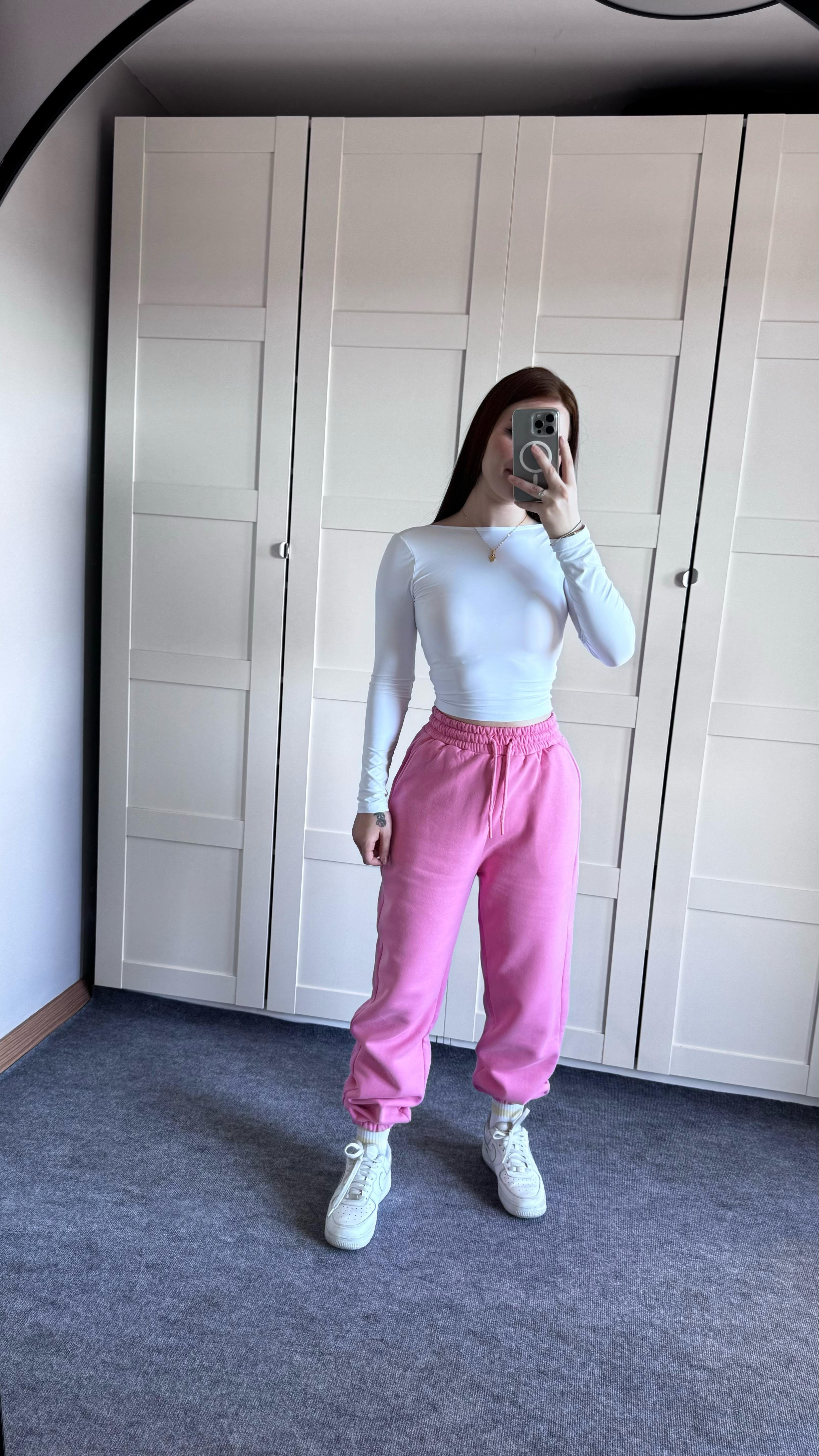 Oversize Yüksek Bel Şardonlu Eşofman Pembe