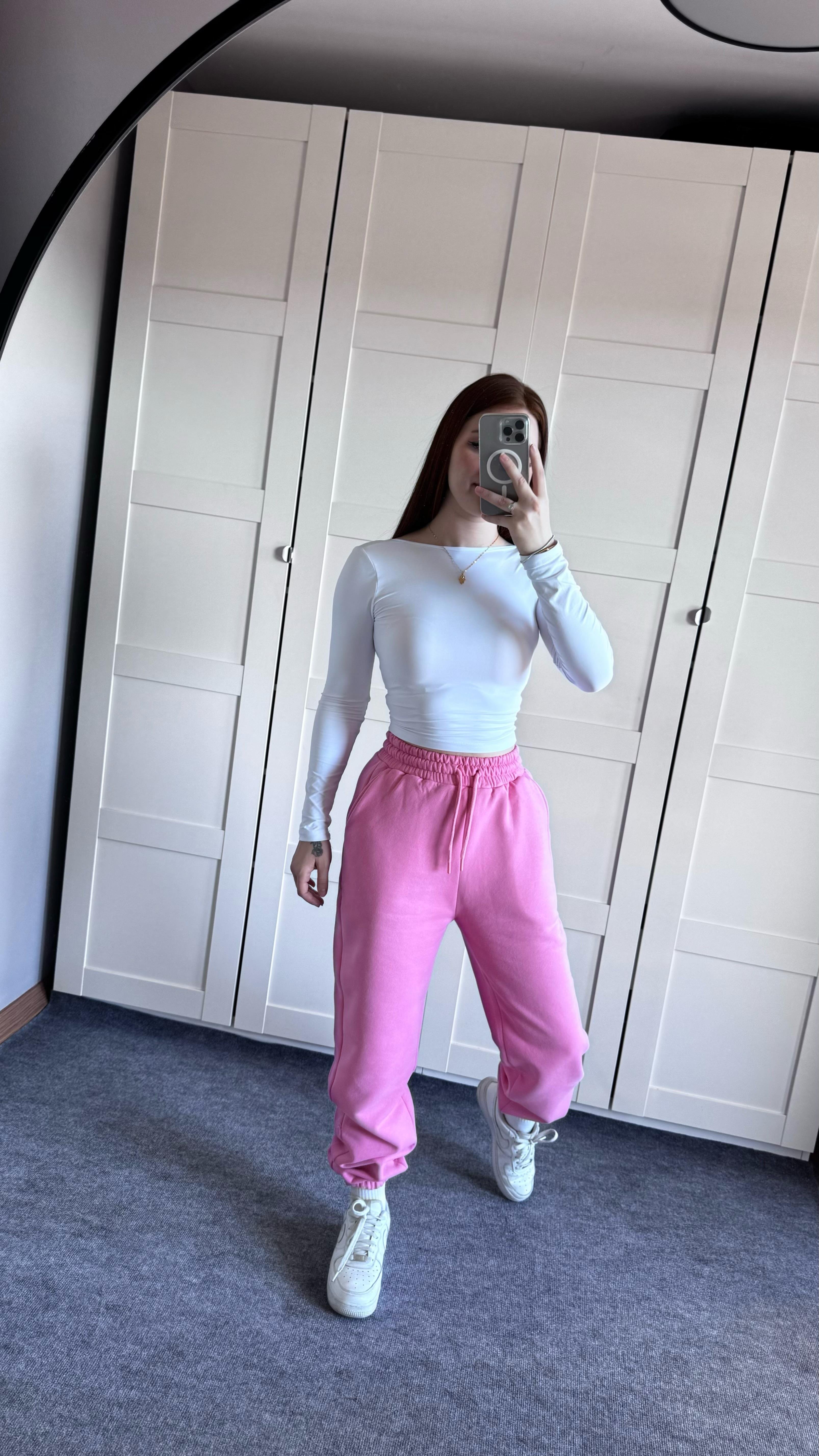 Oversize Yüksek Bel Şardonlu Eşofman Pembe